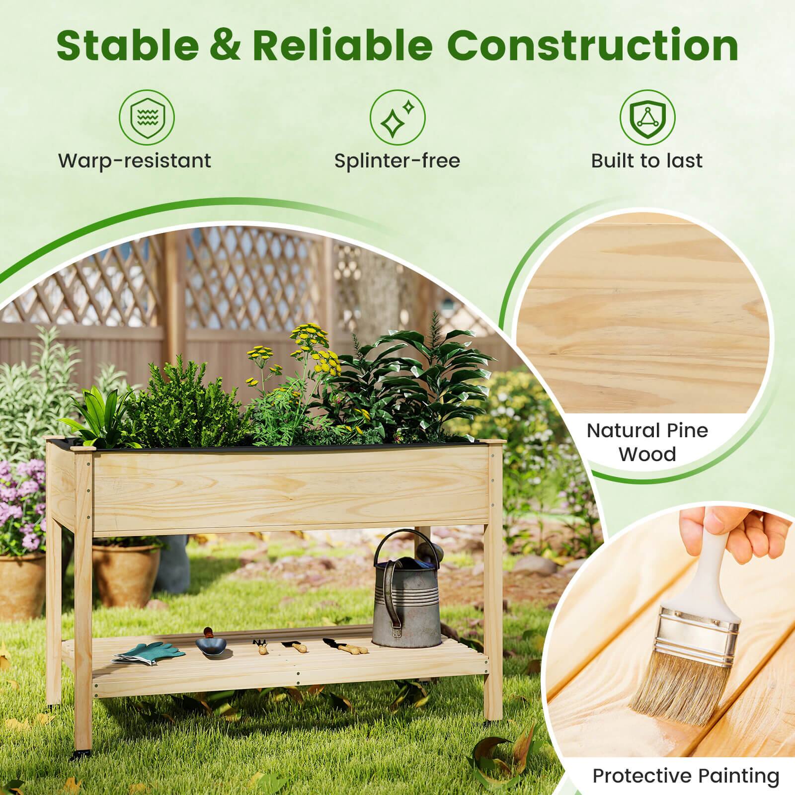 Alt View 4. Costway - Costway 1 PCS Wooden Raised Garden Bed with Legs, Lockable Wheels, Liner, Storage Shelf Drainage - Natural.