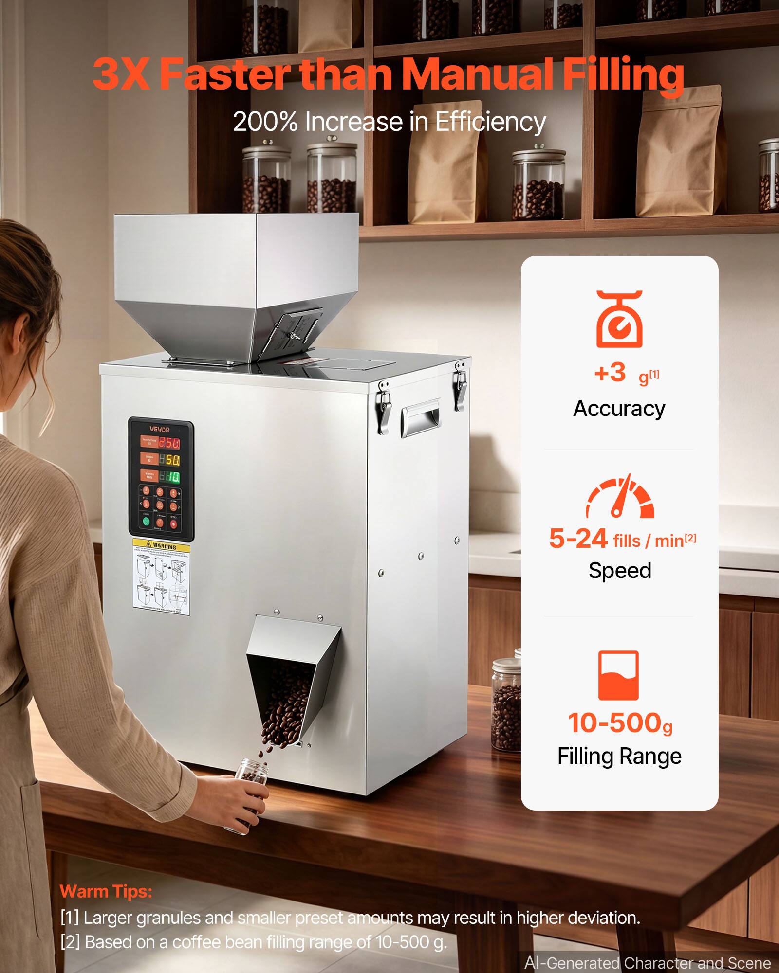 3X Faster than Manual Filling  
200% Increase in Efficiency  

VUCO - 250 EL SQ  

+3 g(1] Accuracy  
A MARUNO 5-24 fills /min(2] fills I Speed 10-500g Filling Range  

Warm Tips:  
[1] Larger granules and smaller preset amounts may result in higher deviation.  
[2] Based on a coffee bean filling range of 10-500 g.  

AI-Generated Character and Scene
