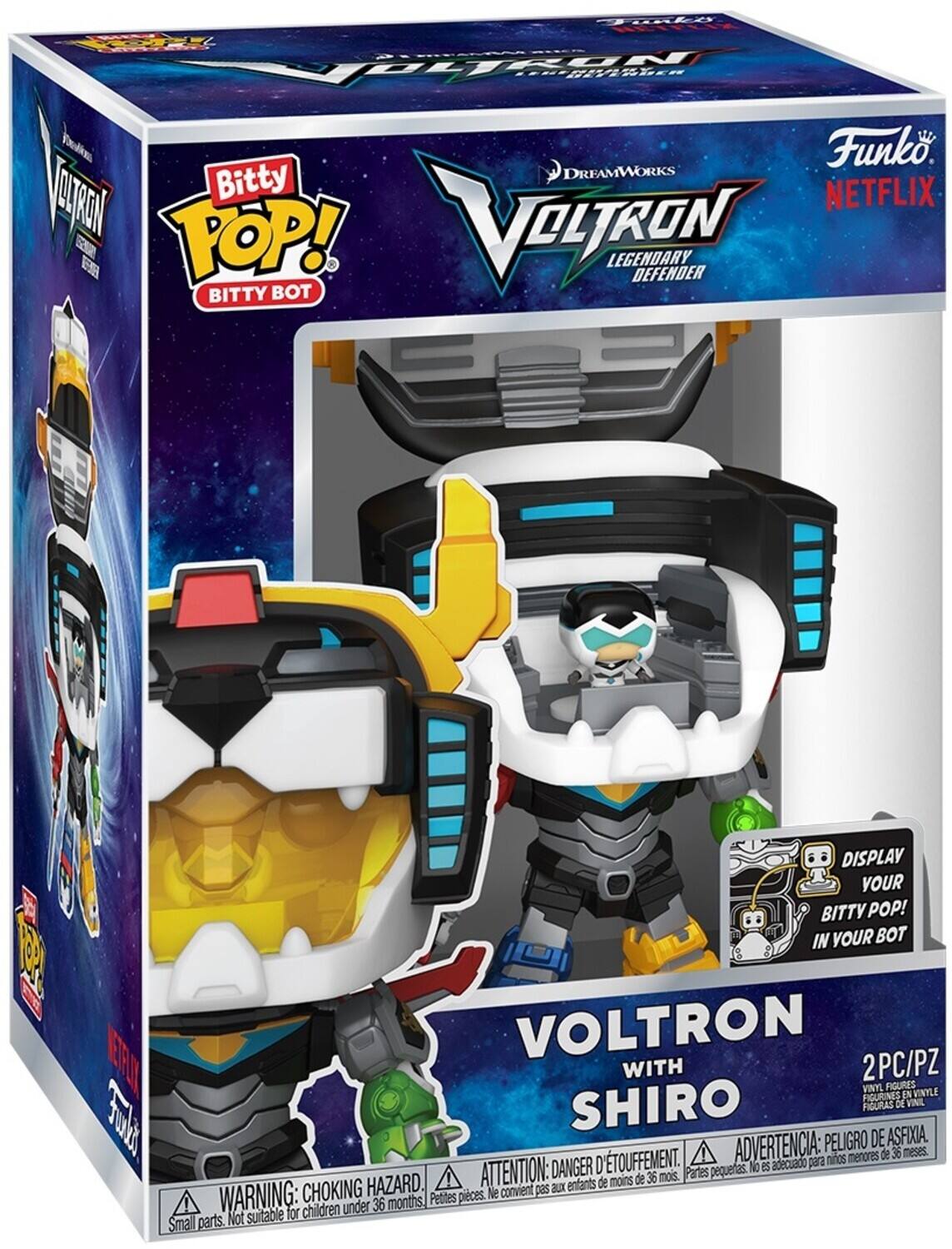 Funko. DREAMWORKS ezeN Bitty NETFLIX  TOP! VOLTRON LEGENDARY DEFENDER BITTY BOT 1 DISPLAY YOUR BITTY POP! IN YOUR BOT VOLTRON EETRI WITH 2PC/PZ VINY FIGURINES FIGURES ENVINYLE EN SHIRO FIGURAS DE VINIL aT ADVERTENCIA: PELIGRO nios menores DE ASFIXIA. 36 meses. ATTENTION: DANGER D'TOUFFEMENT. Partes pequeas. No eS adecuado para moins de 36 mois. CHOKING HAZARD. convient pas aux enfants WARNING: Pettes pieces. Ne children under 36 months, Not suitable for Small parts.