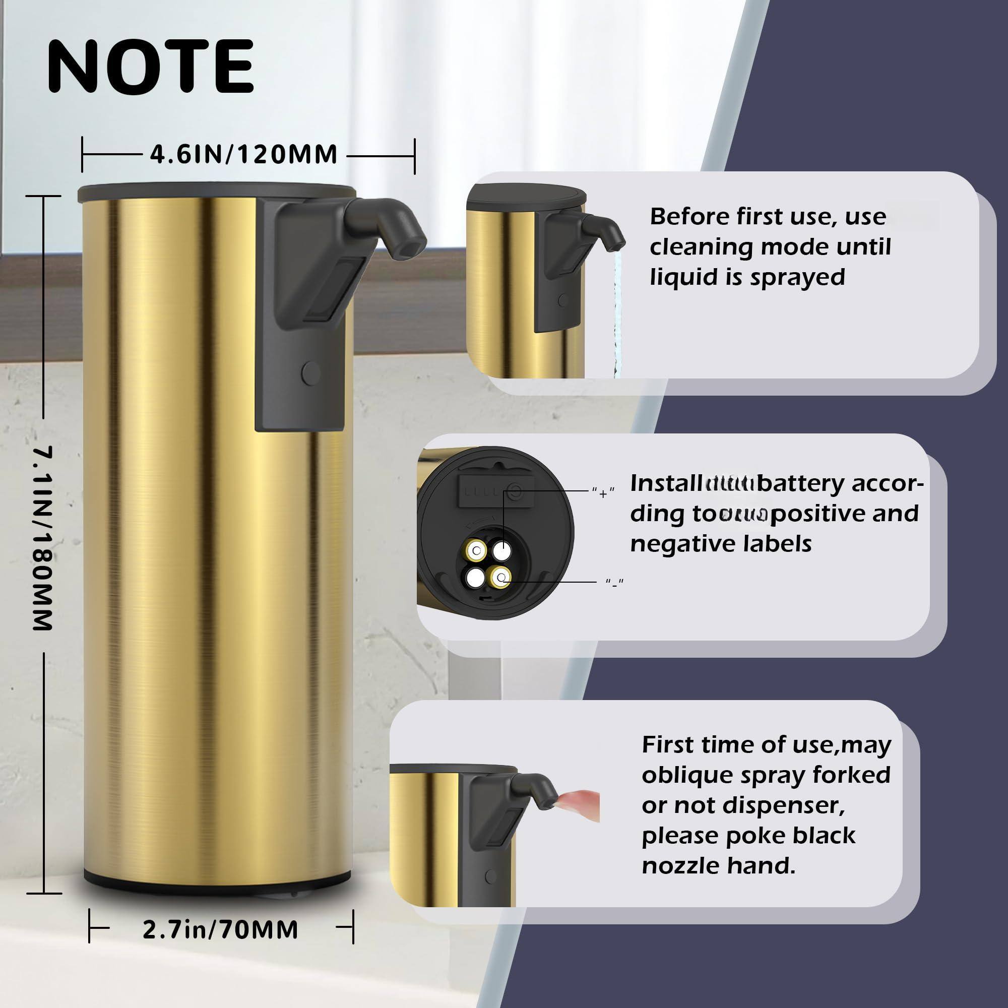 **NOTE**

- **4.6IN/120MM**
- **7.1IN/180MM**
- **2.7IN/70MM**

1. Before first use, use cleaning mode until liquid is sprayed.
2. Install battery according to positive and negative labels.
3. First time of use, may oblique spray or not dispenser, please poke black nozzle hand.