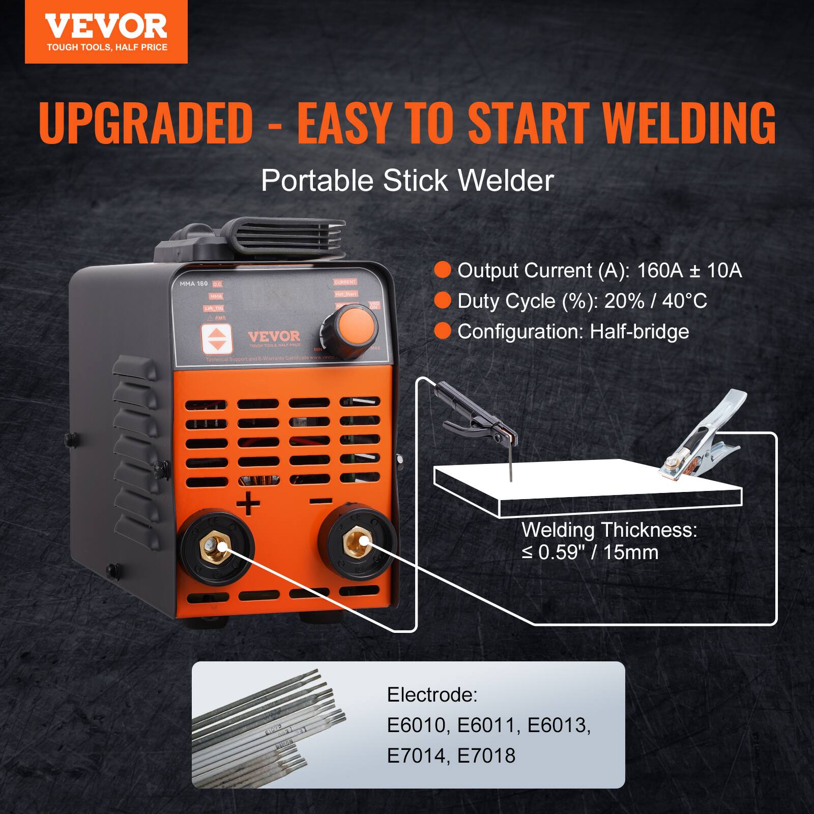 VEVOR TOUGH TOOLS, HALF PRICE UPGRADED - EASY TO START WELDING Portable Stick Welder

- Output Current (A): 160A ± 10A
- Duty Cycle (%): 20% / 40°C
- Configuration: Half-bridge
- Welding Thickness: ≤ 0.59" / 15mm
- Electrode: E6010, E6011, E6013, E7014, E7018