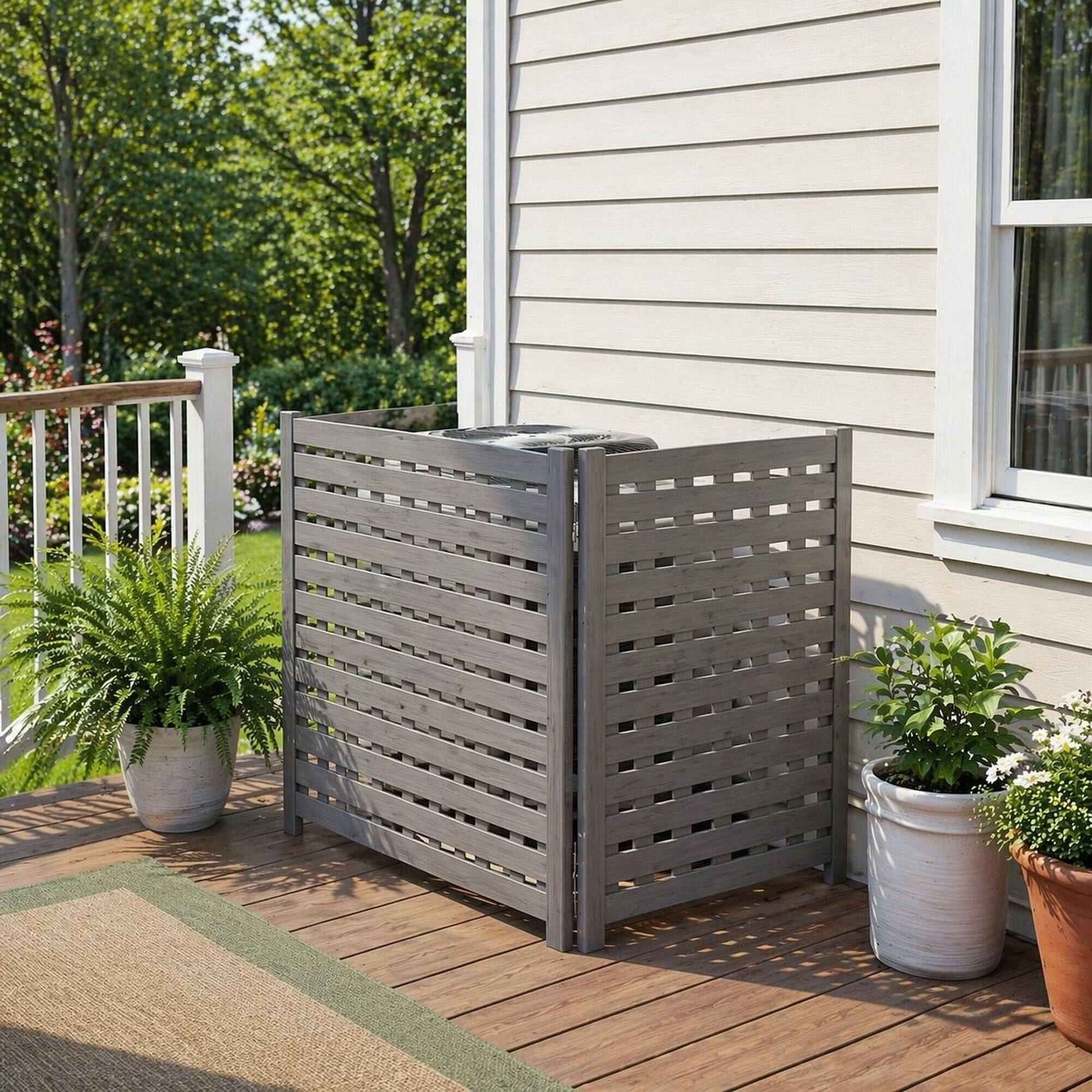 Left. RYHNUYNE - 3 Panel Wood Outdoor Privacy Fence Screen for Air Conditioner Cover, 32 x 38 Inch Garden Patio Enclosure - Grey.