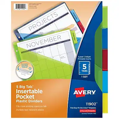 416 11922 Projects PROJECTS TO Do Calendar NOVEMBER Laser Inkjet Printable Inserts 5 TABS 1 SET 5 Big Tab Insertable Pocket Plastic Dividers 1.5x more printing space on tab Durable tear resistant plastic AVERY 11902 Free Easy-To-Use Avery Templates