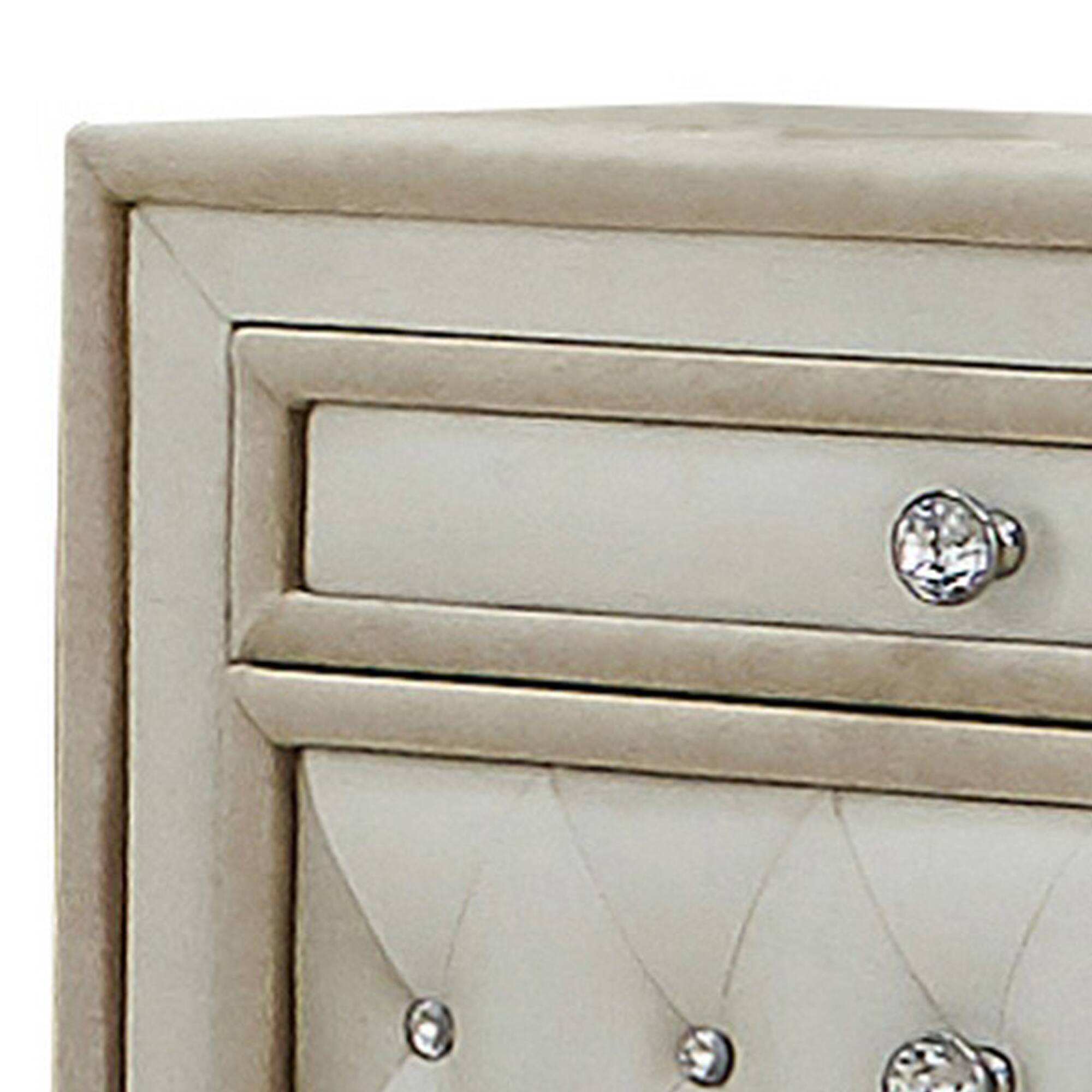 Angle. Manhattan Lane - Matt 30 Inch Modern Nightstand, 3 Drawers, Velvet Tufted - Ivory and Brown.