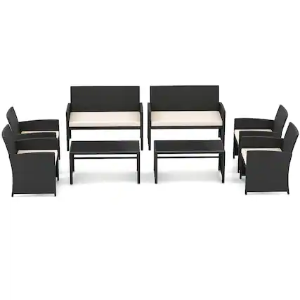 Front. Costway - Costway 8 PCS Patio Conversation Set with Seat Cushions & Tempered Glass Tabletop, Porch - White+Black.