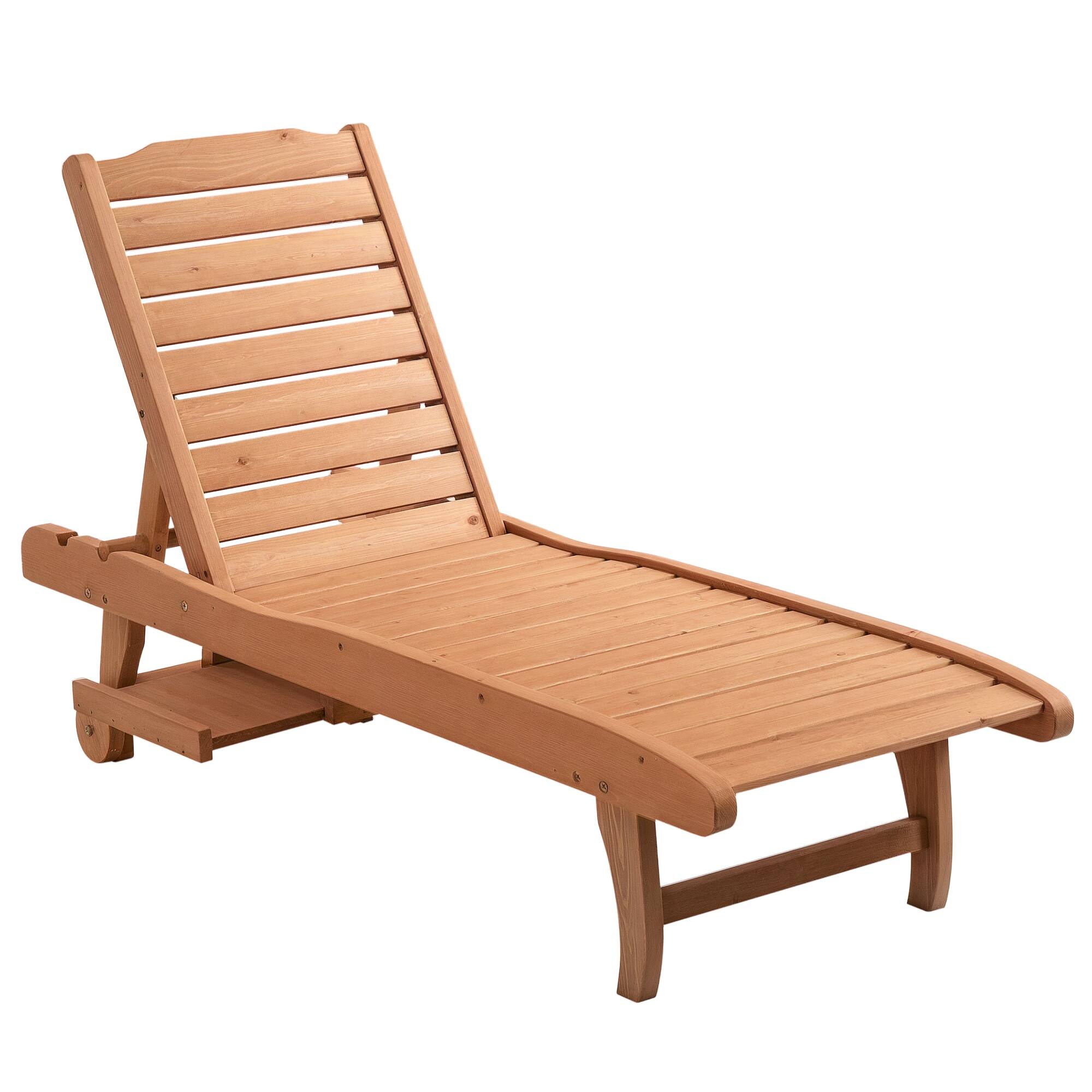 Front. Outsunny - Chaise Lounge Chair Outdoor Wooden Pool Lounge Chair with 3-level Adjustable Backrest, Built-In Table and Rolling Wheel - Brown Red.