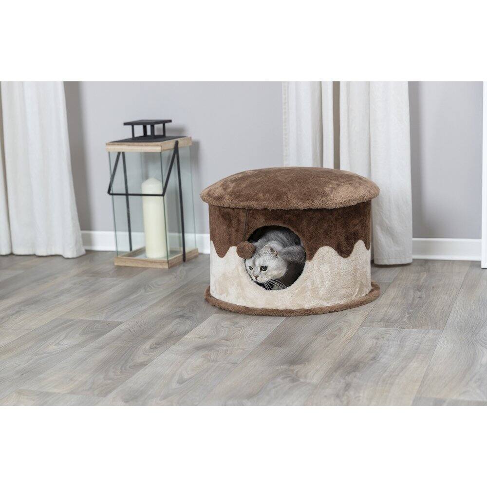 Left. TRIXIE - Cozy Plush Cover Indoor Cat Condo with a Cat Toy on String, Brown-Beige - Brown.