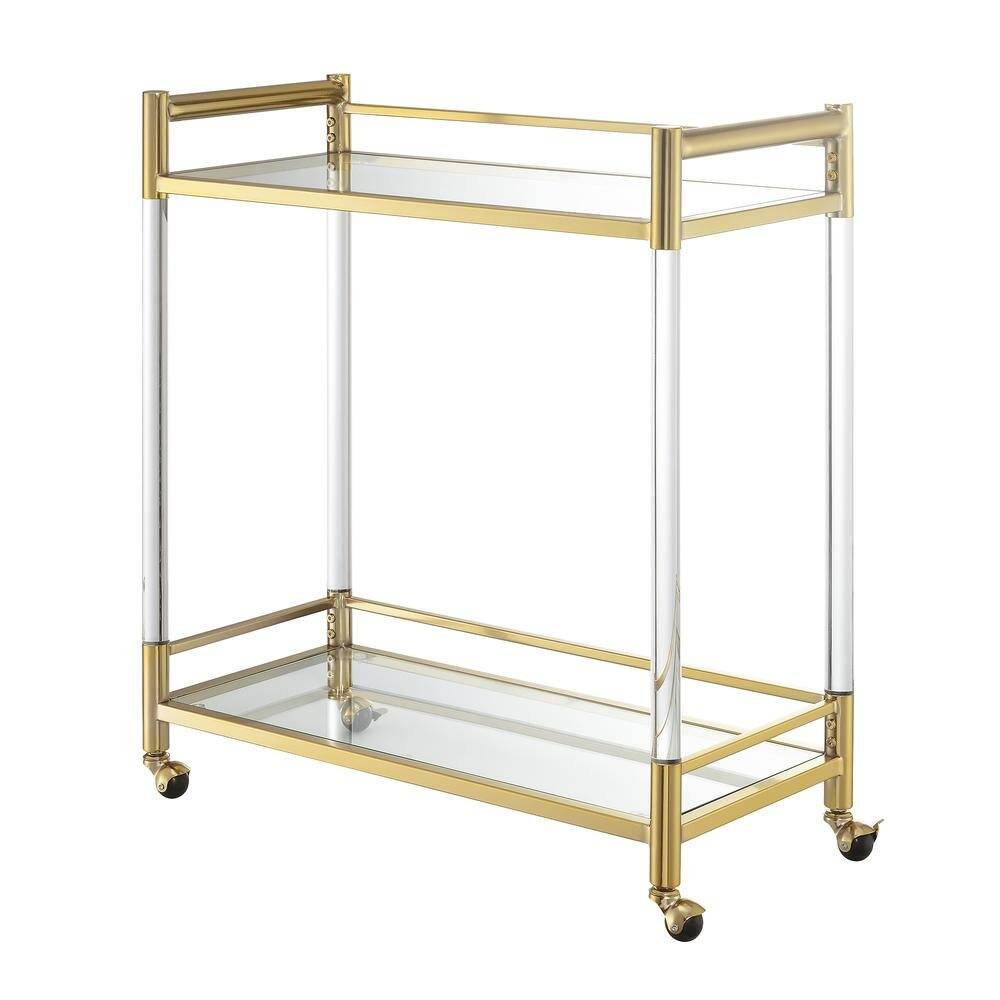 Front. FurniFact - Bar Cart with 2 Tiers of Glass, Acrylic Legs, Locking Casters in Gold Chrome - Gold.