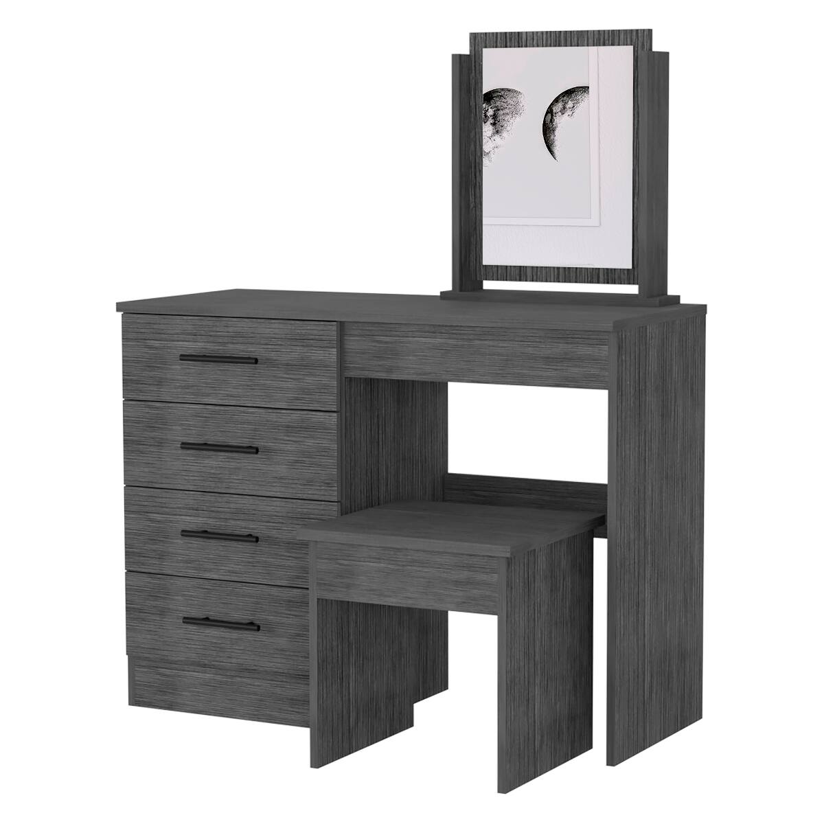 Left. Loheer - Loheer Four Drawer Makeup Vanity with Stool Smokey Oak Finish - Gray.