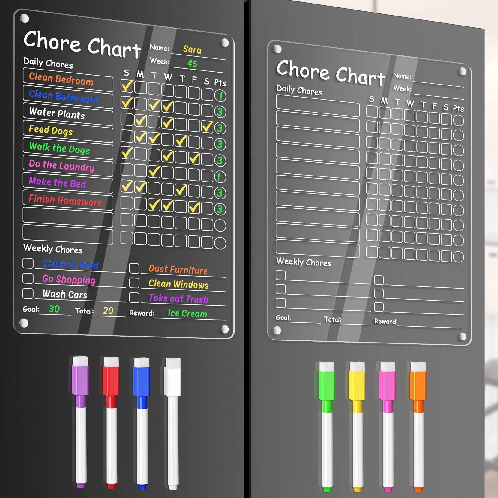 **Chore Chart**

**Name:** Sara  
**Week:** 45  

**Daily Chores**  
- Clean Bedroom  
- Clean Bathroom  
- Water Plants  
- Feed Dogs  
- Walk the Dogs  
- Do the Laundry  
- Make the Bed  
- Finish Homework  

**Weekly Chores**  
- Clean in Yard  
- Go Shopping  
- Wash Cars  
- Dust Furniture  
- Clean Windows  
- Take out Trash  

**Goal:** 30  
**Total:** 20  
**Reward:** Ice Cream  

**Chore Chart**  

**Name:**  
**Week:**  

**Daily Chores**  
-  
-  
-  
-  
-  
-  
-  
-  

**Weekly Chores**  
-  
-  
-  
-  
-  
-  

**Goal:**  
**Total:**  
**Reward:**