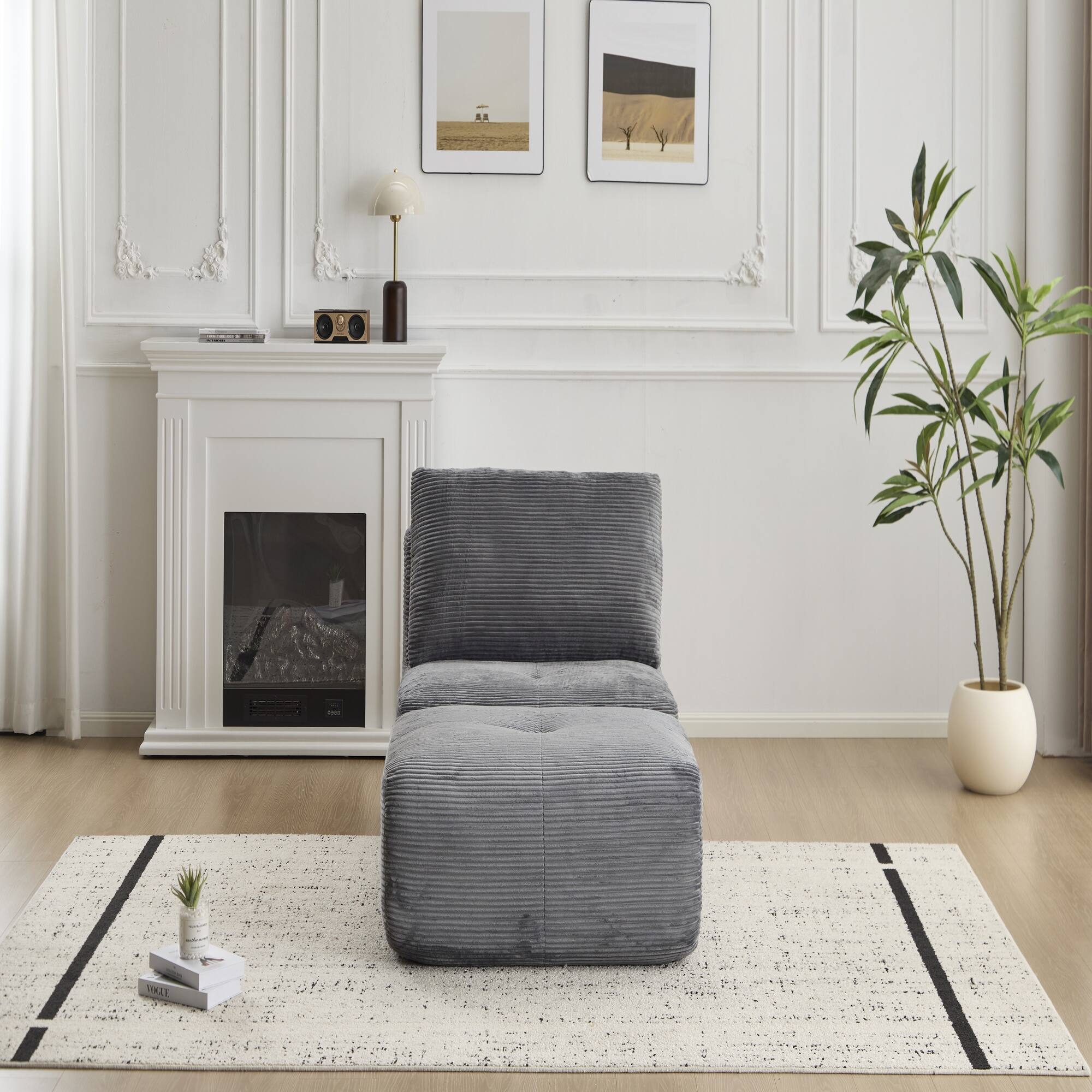 Left. Boyel Living - Memory Foam Corduroy Chaise Lounge with Movable Ottoman - Grey.