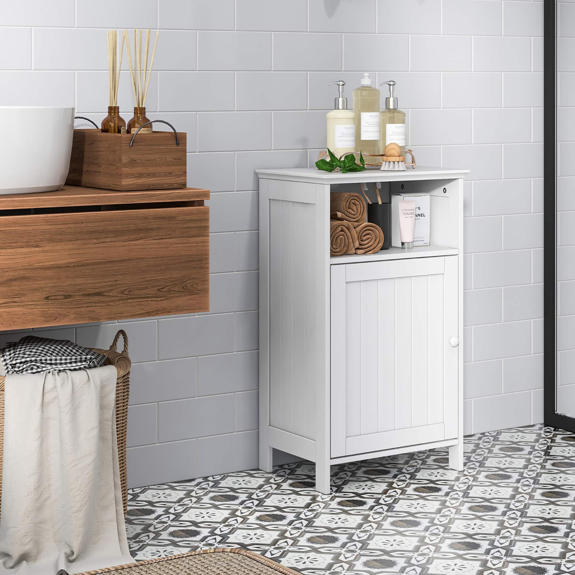 Gymax - Bathroom Floor Storage Cabinet Side Table Adjustable Shelf Organize Freestanding - White
