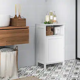 Gymax - Bathroom Floor Storage Cabinet Side Table Adjustable Shelf Organize Freestanding - White