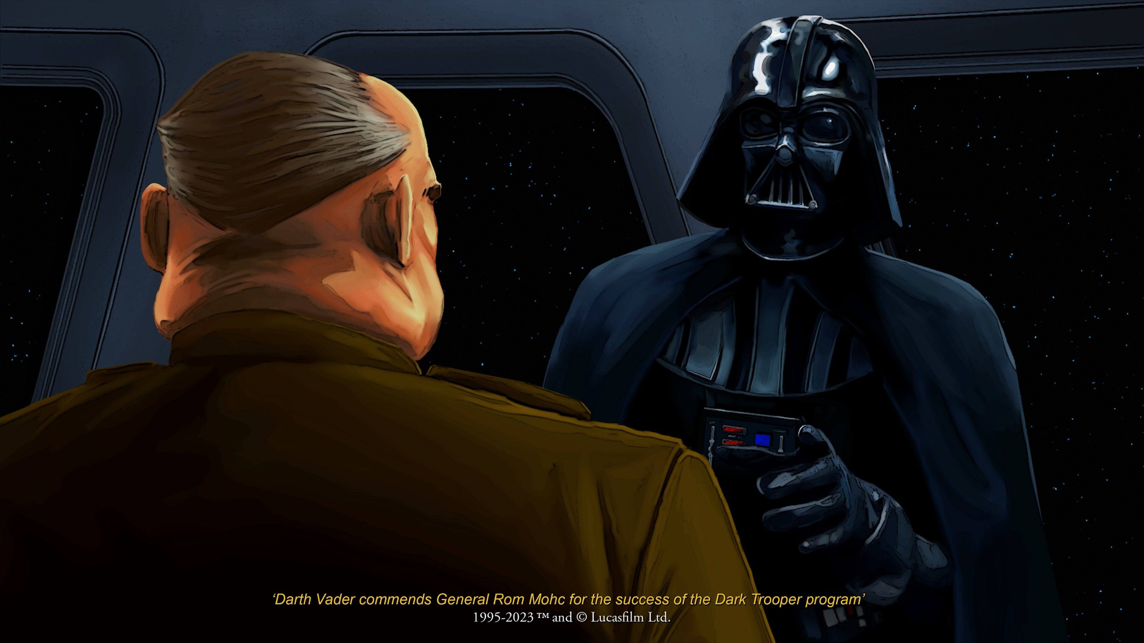 Darth Vader commends General Rom Mohc for the success of the Dark Trooper program

1995-2023 TM and © Lucasfilm Ltd.