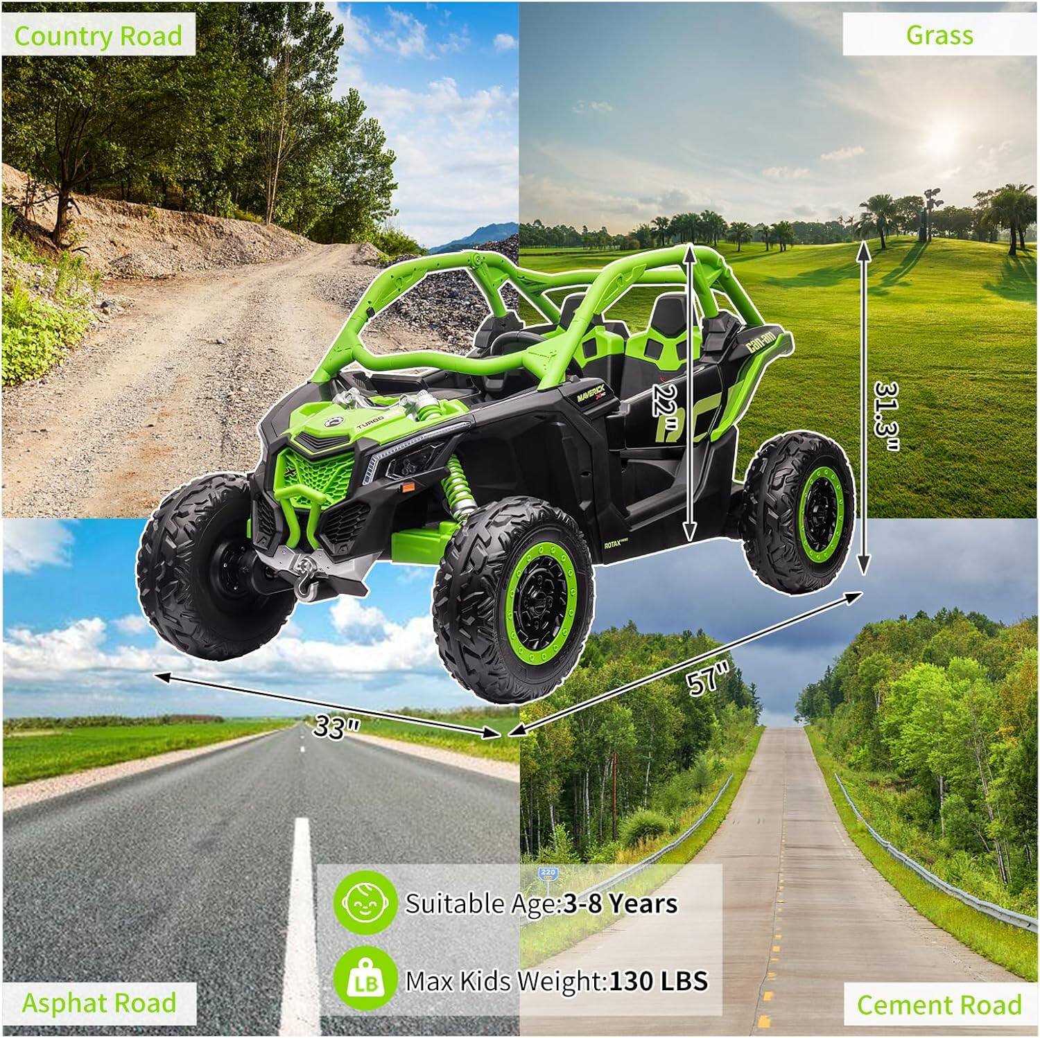 Country Road Grass TLRSE CA 22  
31.3" 33" 57"  
Suitable Age: 3-8 Years  
Max Kids Weight: 130 LBS  
Asphalt Road  
Cement Road