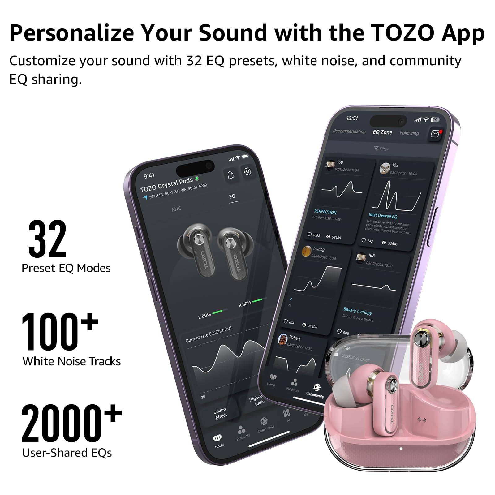 Personalize Your Sound with the TOZO App  
Customize your sound with 32 EQ presets, white noise, and community EQ sharing.

- 32 Preset EQ Modes
- 100+ White Noise Tracks
- 2000+ User-Shared EQs

13:51  
Recommendation EQ Zone Following  
TOZO Crystal Pods  
9:41  
TOZO Crystal B  
98nd7-0309  
SEATTLE ANC  
TOZO Filter  
12 mamaue maa canm/22a  
PERFECTION  
Best Overall EQ  
Use these settings for creating balanced, clear sound.  
Bass-y 'n crispy  
Robert  
DM  

03/12/2024  
Home  
High-Rt Audio  
Sound Effect  
Community  
Products  
Community