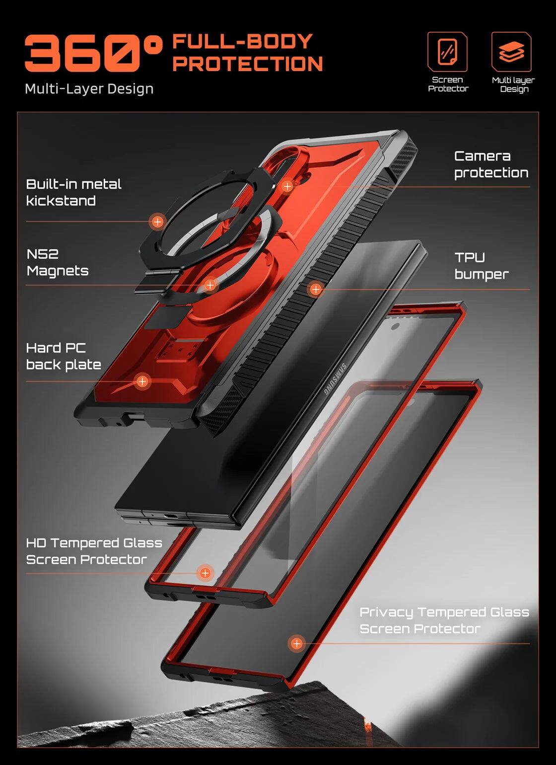 360° FULL-BODY PROTECTION  
Multi-Layer Design

- Screen Protector
- Multi layer Design
- Built-in metal kickstand
- Camera protection
- N52 Magnets
- TPU bumper
- Hard PC back plate
- HD Tempered Glass Screen Protector
- Privacy Tempered Glass Screen Protector