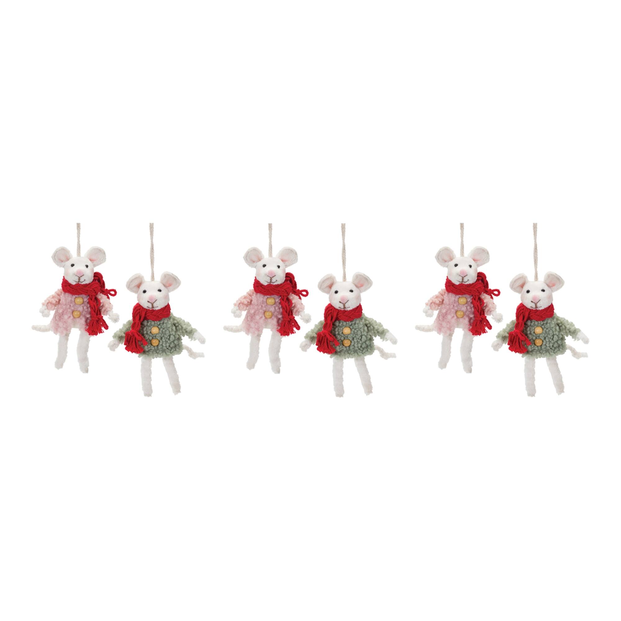 Alt View 2. BreeBe - Winter Mouse Ornament (Set of 6) - Green, Pink, White.