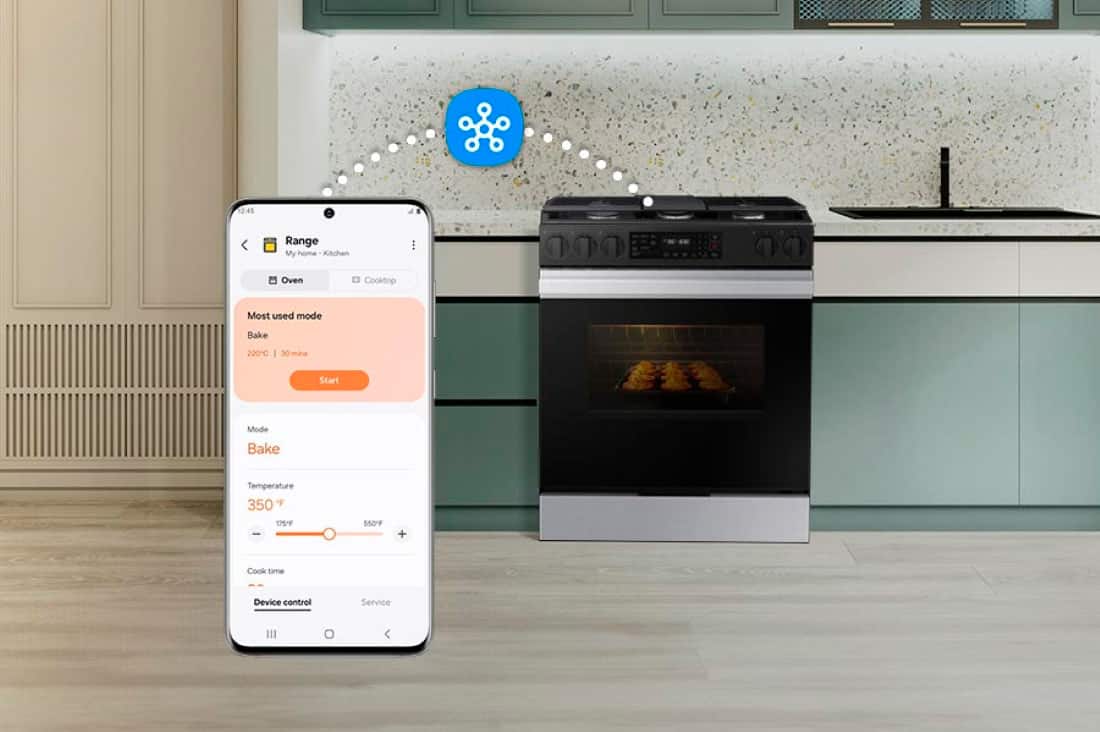 The image shows a kitchen scene with a cell phone and an oven. The cell phone is displaying a recipe for baking a cake, and the oven is set to 350 degrees Fahrenheit. The oven is also connected to a smart home system, which allows for remote control and monitoring of the cooking process. The image suggests that the oven is the most used appliance in the home kitchen, and the bake mode is the most frequently used mode.