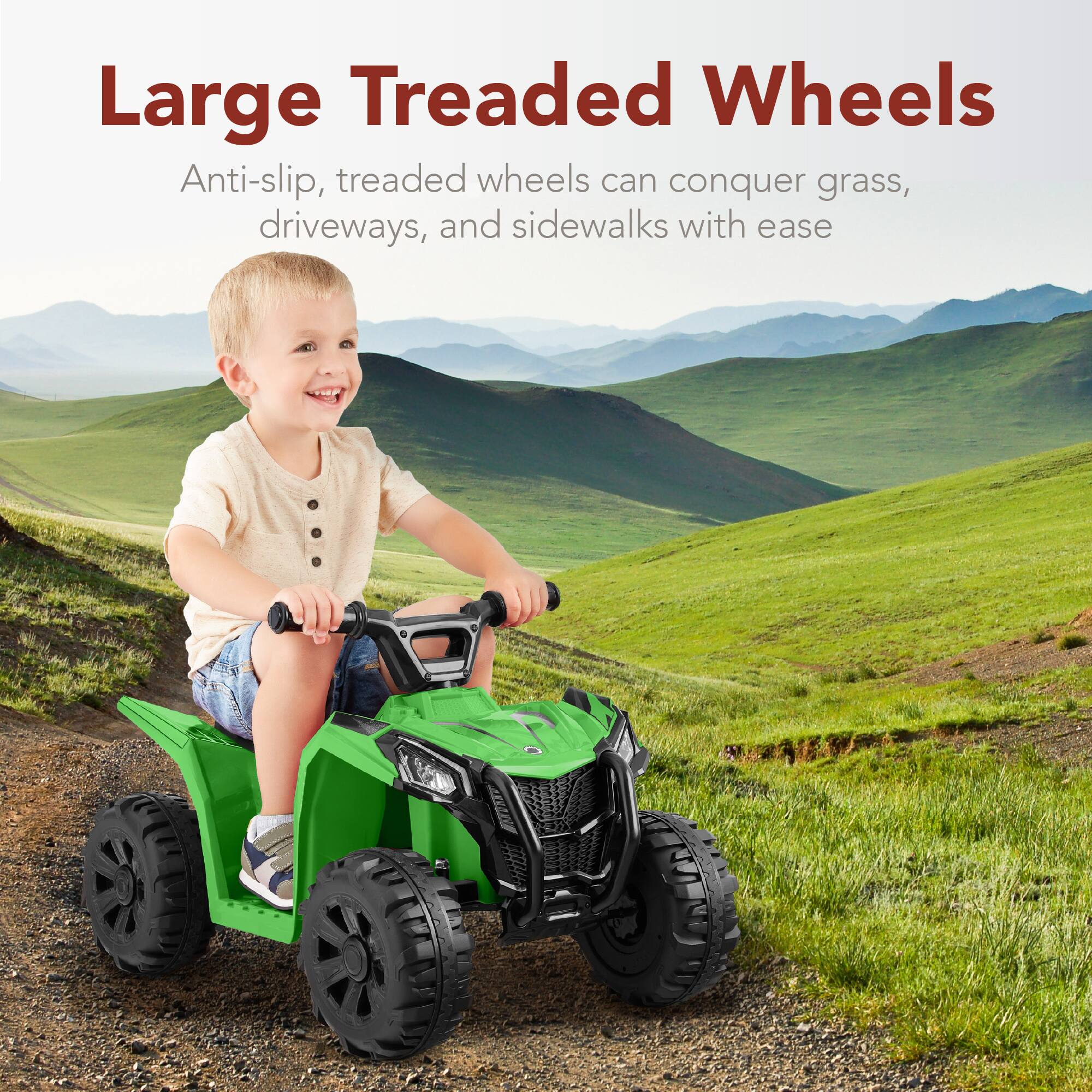 Large Treaded Wheels

Anti-slip, treaded wheels can conquer grass, driveways, and sidewalks with ease.