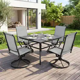 Nuu Garden - 5-Piece Patio Dining Set with Umbrella Hole, Textilene Swivel Chairs - Black and Gray
