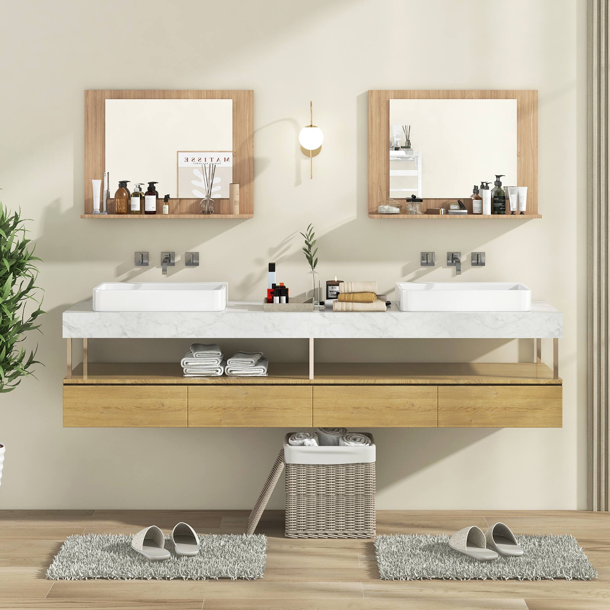 Alt View 1. Gymax - Gymax Bathroom Mirror w/ Shelf 23.5'' x 17.5'' Rectangle Wood Frame Vanity Mirror Natural - Natural.