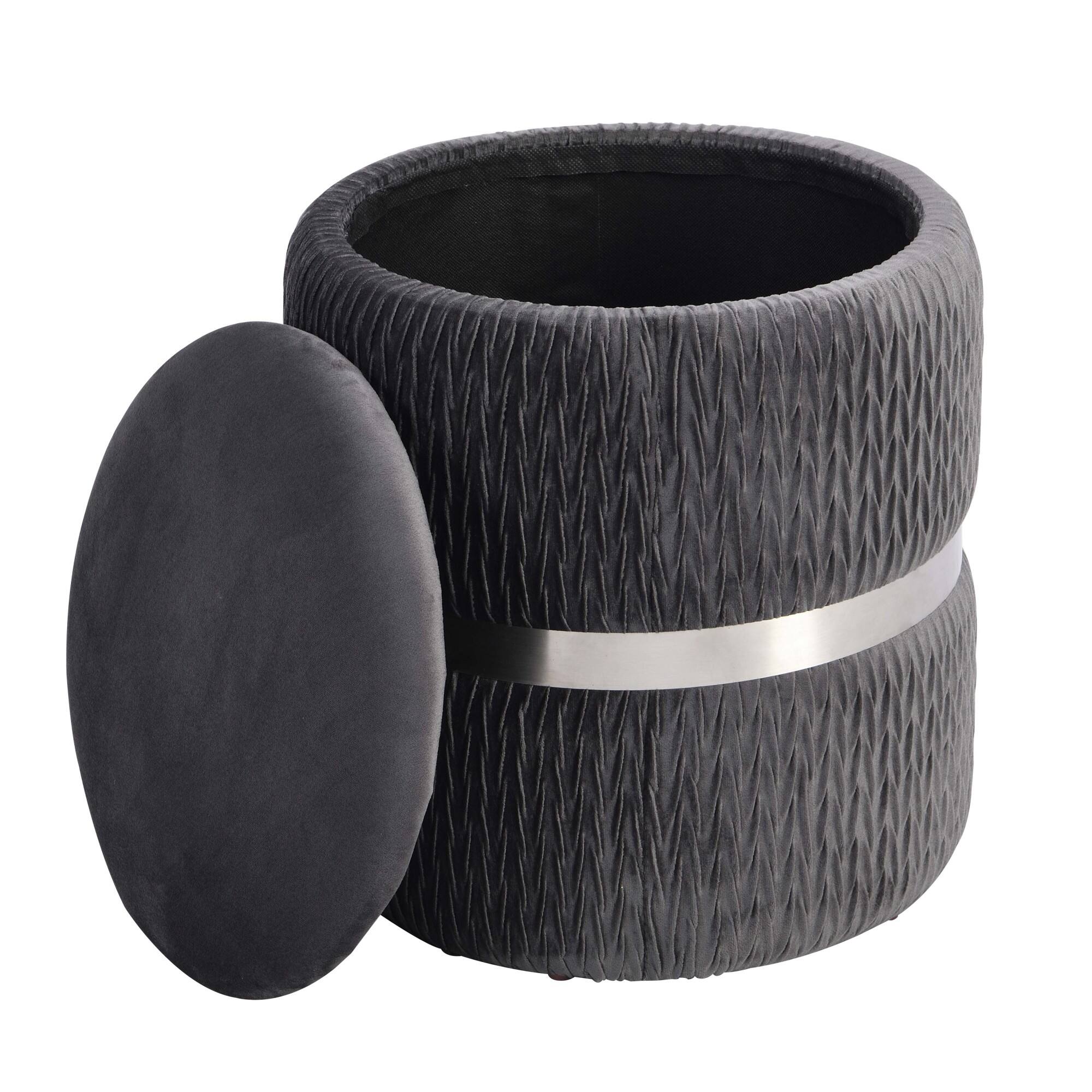 Angle. GOODSILO - Modern Velvet Round Storage Ottoman with Tufted Design for Living Room and Bedroom - Grey+Silver.