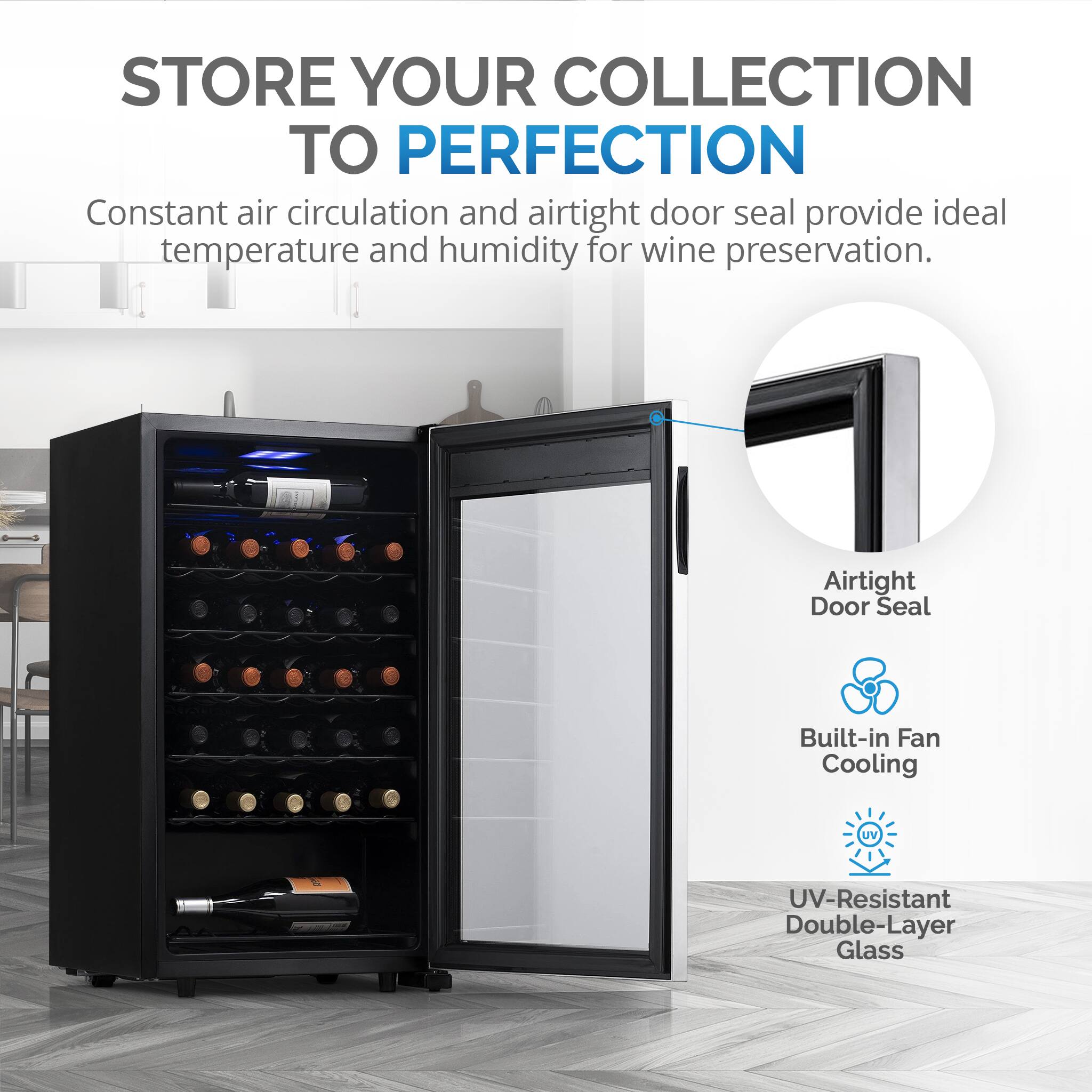 Store your collection to perfection with this wine refrigerator. It features constant air circulation and airtight door seal, providing ideal temperature and humidity for wine preservation. The built-in fan ensures cooling, while the UV-resistant double-layer glass protects your wine from harmful UV rays.