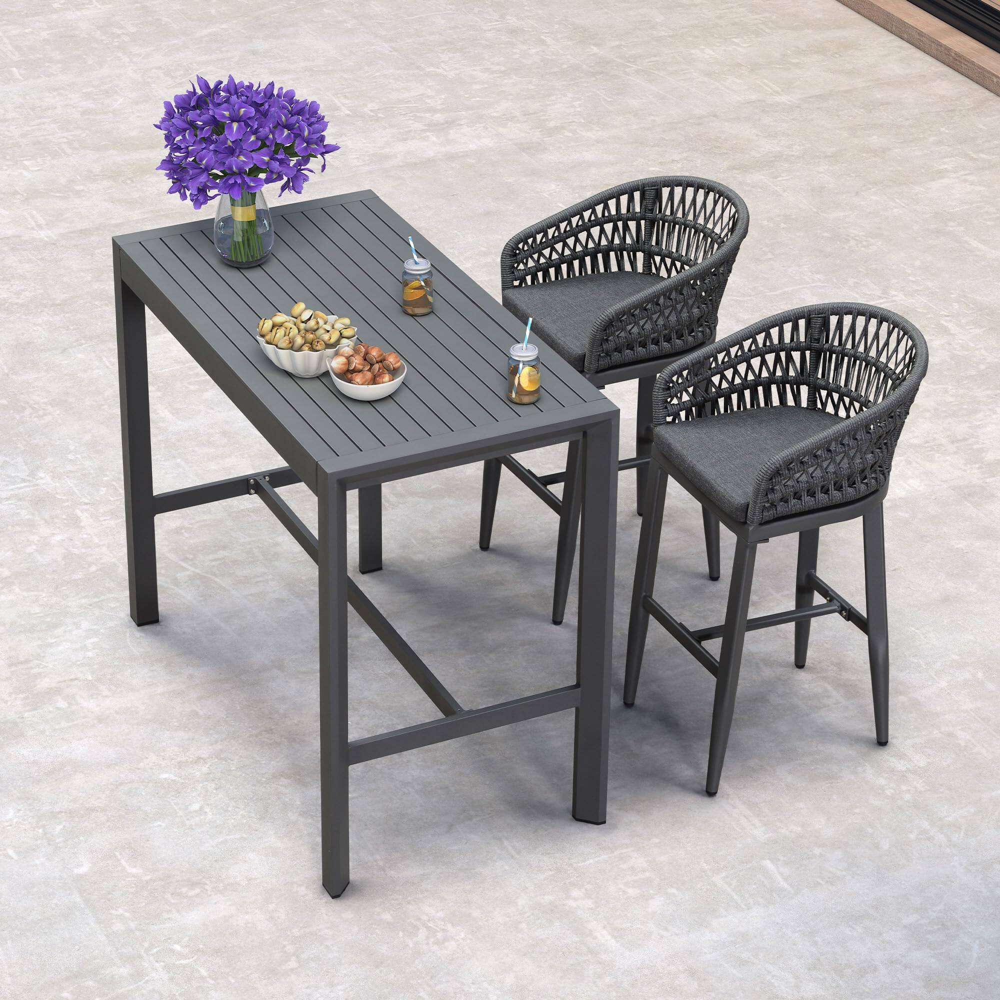 Left. PURPLE LEAF - Outdoor Counter/Bar Height StoolsRattan Wicker Bar Chairs Woven Aluminum Barstools Set of 2 with Back and Cushions - Grey-Bar Stool.