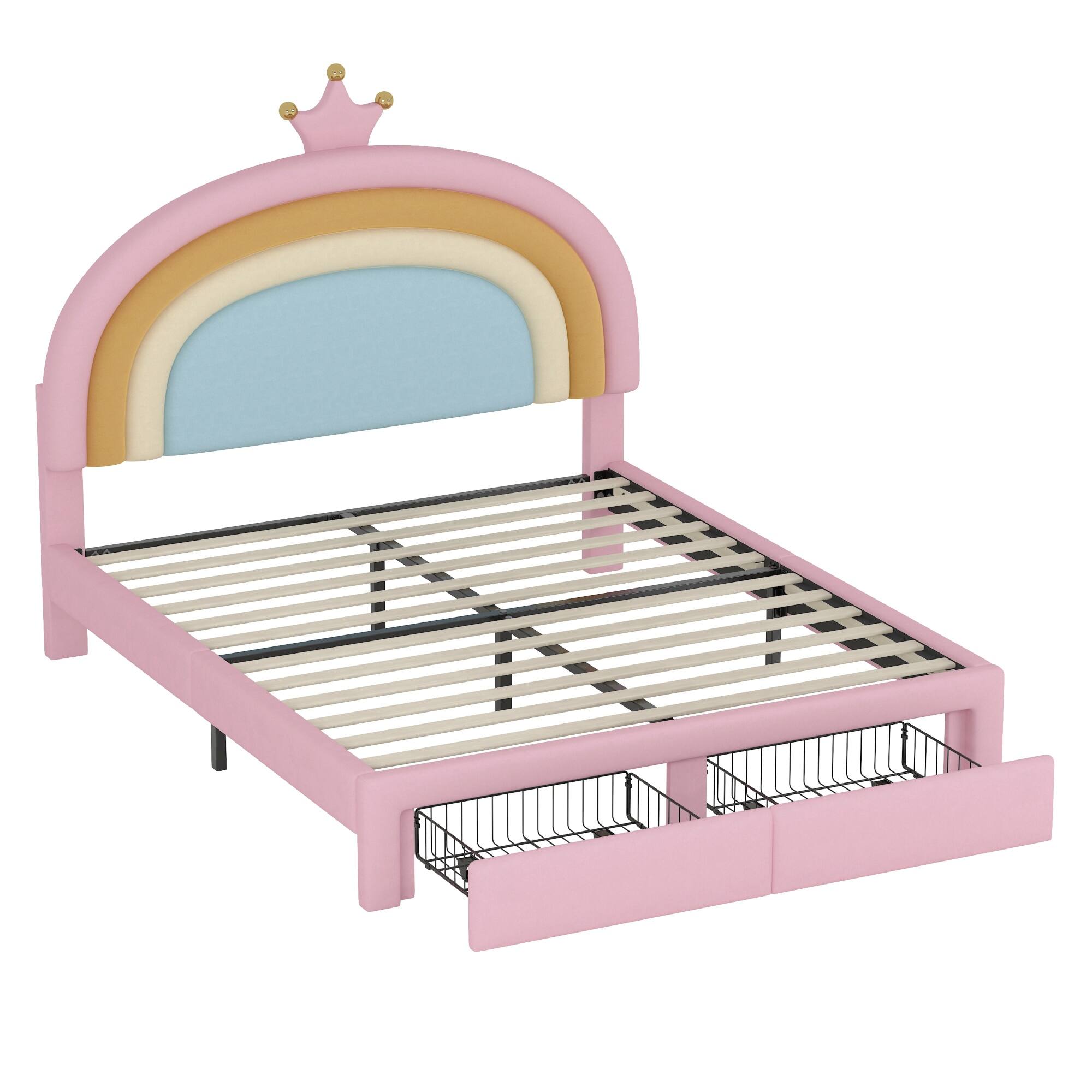 Alt View 2. GOODSILO - Full Size Upholstered Platform Bed with Storage Drawer and Colorful Design - Pink.