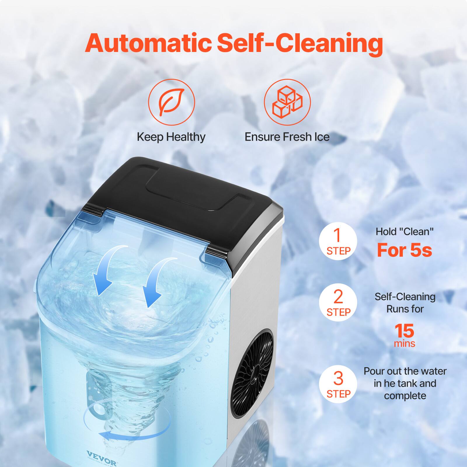 Automatic Self-Cleaning

Keep Healthy  
Ensure Fresh Ice

1 STEP  
Hold "Clean" For 5s

2 STEP  
Self-Cleaning Runs for 15 mins

3 STEP  
Pour out the water in the tank and complete