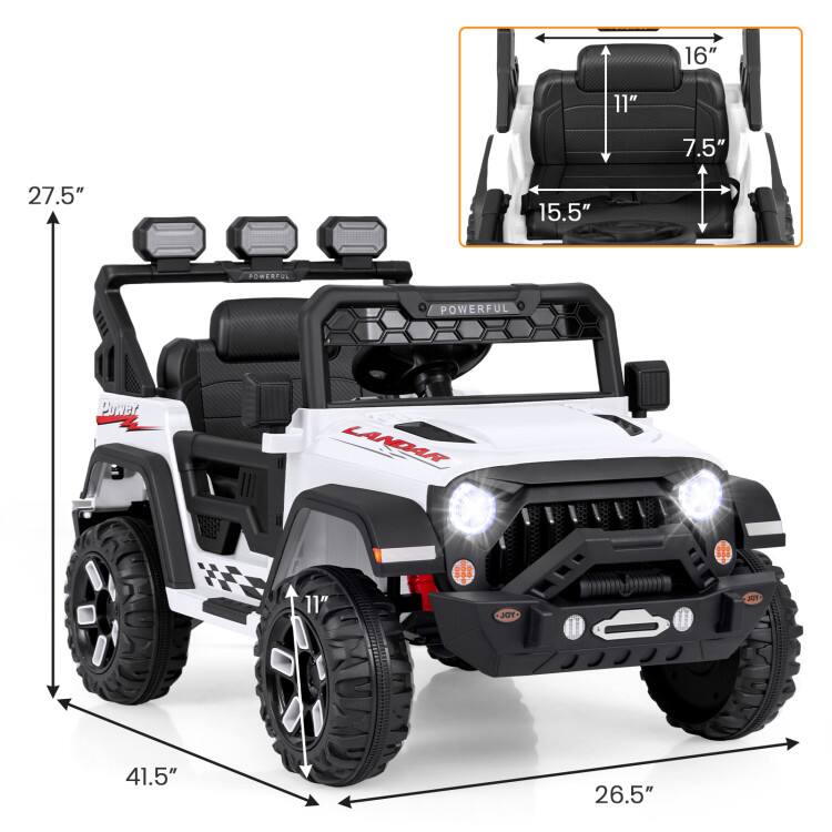 Sure, here is the corrected and grouped text from the image:

- **Dimensions:**
  - Length: 41.5"
  - Width: 26.5"
  - Height: 27.5"
  - Seat Height: 11"
  - Seat Width: 16"
  - Seat Depth: 15.5"
  - Seat Back Height: 11"
  - Seat Back Width: 7.5"

- **Features:**
  - POWERFUL
  - LANDAR
  - Power