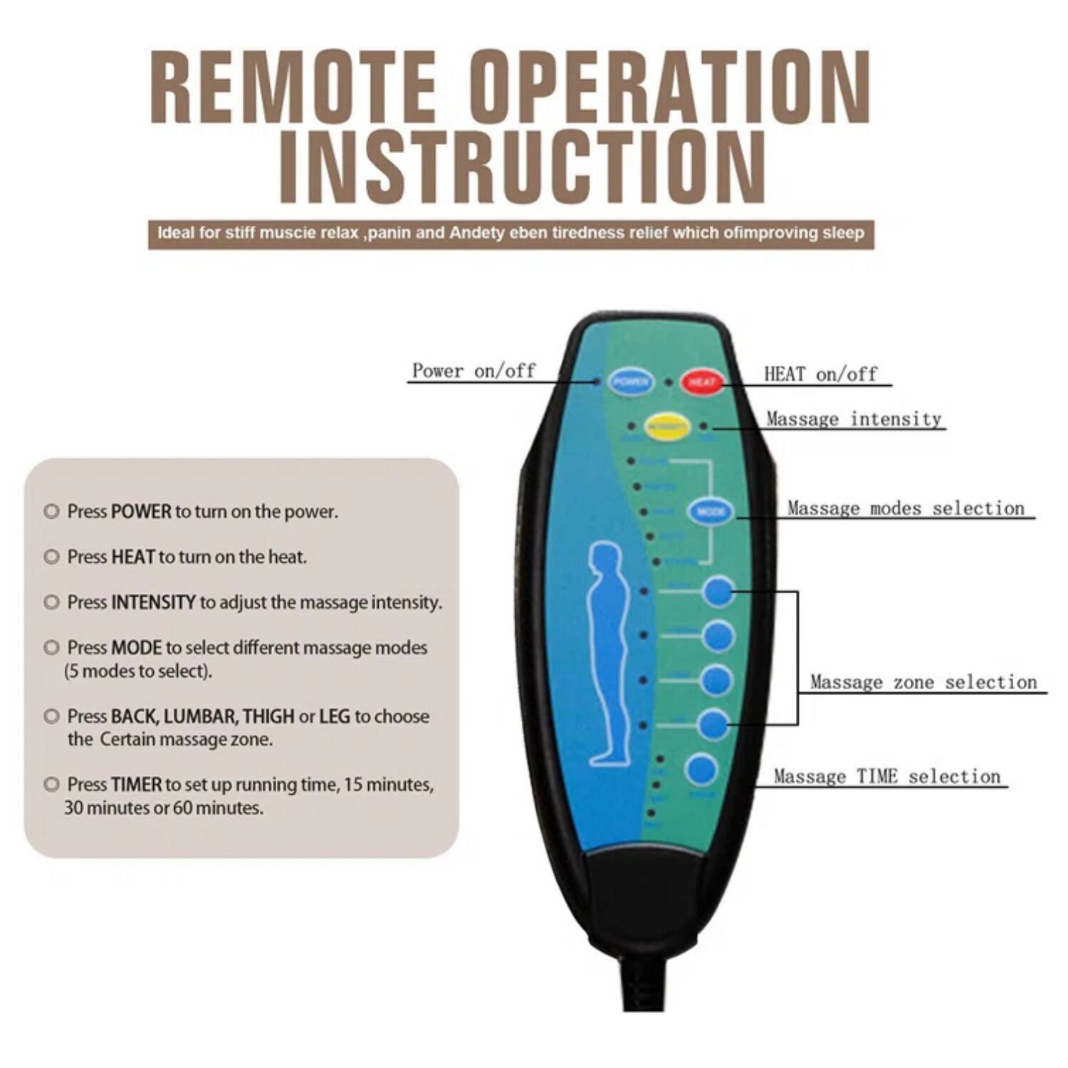 REMOTE OPERATION INSTRUCTION

Ideal for stiff muscle relax, pain and Andety even tiredness relief which of improving sleep

Power on/off
HEAT on/off
Massage intensity
Massage modes selection
Massage zone selection
Massage TIME selection

- Press POWER to turn on the power.
- Press HEAT to turn on the heat.
- Press INTENSITY to adjust the massage intensity.
- Press MODE to select different massage modes (5 modes to select).
- Press BACK, LUMBAR, THIGH or LEG to choose the certain massage zone.
- Press TIMER to set up running time, 15 minutes, 30 minutes or 60 minutes.