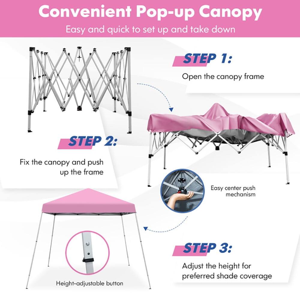Convenient Pop-up Canopy  
Easy and quick to set up and take down  

STEP 1: Open the canopy frame  

STEP 2: Fix the canopy and push up the frame  
Easy center push mechanism  

STEP 3: Adjust the height for preferred shade coverage  
Height-adjustable button
