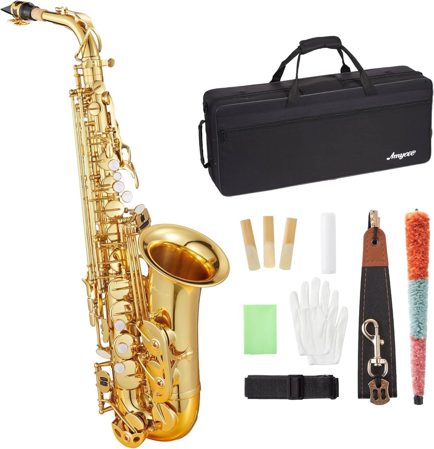 Front. Homhougo - Professional Eb Alto Saxophone Kit with Hard Case, Mouthpiece & Cleaning Accessories - Gold.