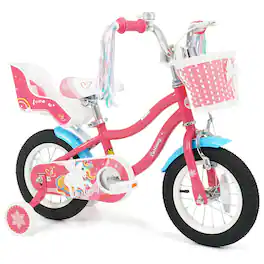 Costway - 12" Kids Bike with Basket Doll Seat Colorful Streamers 2 Training Wheels Handlebar - Pink
