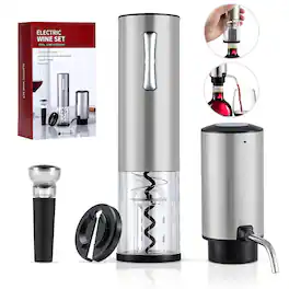 Sugift - Electric Wine Opener Gift Set with Aerator, Vacuum Stopper & Foil Cutter, Stainless Steel - Silver