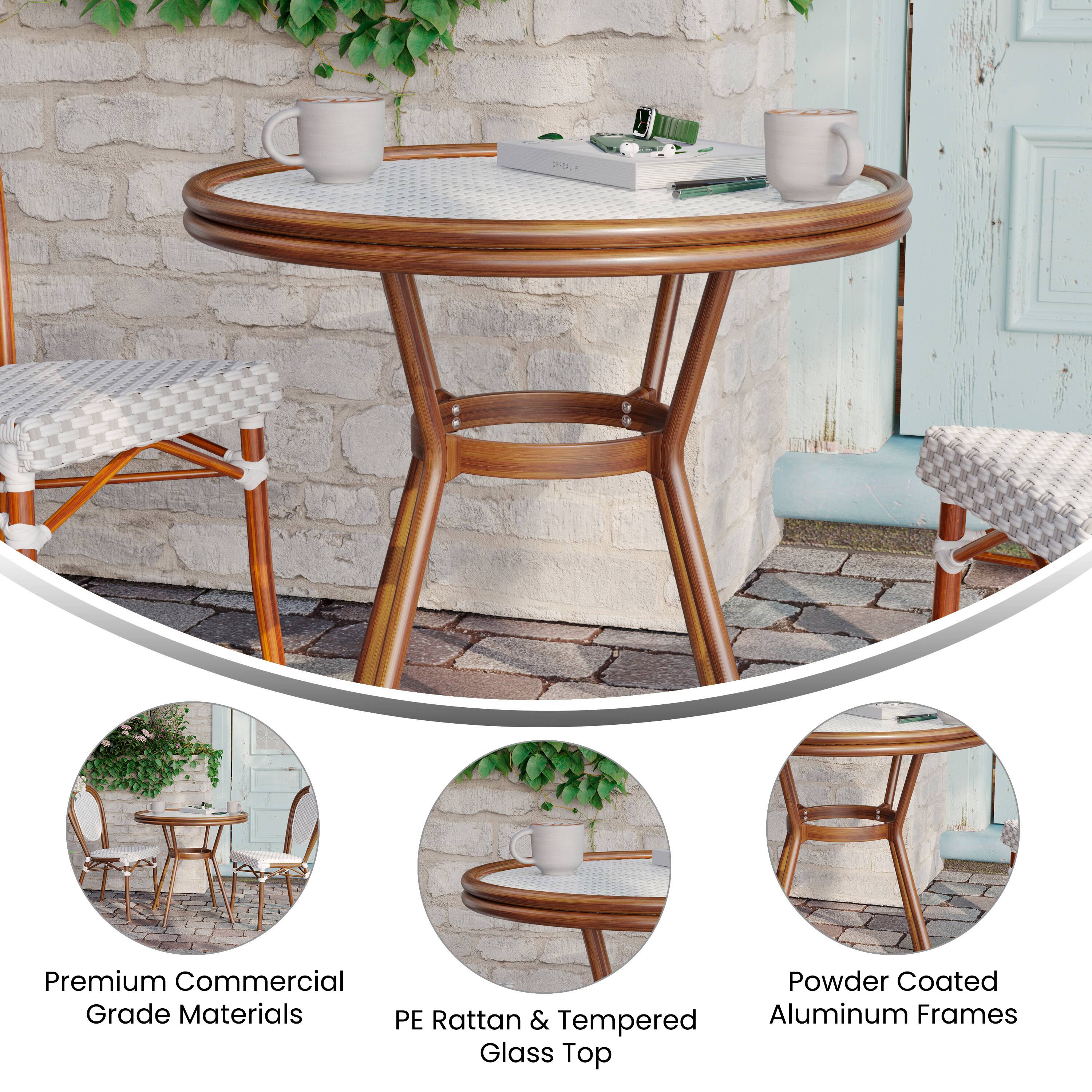 Premium Commercial Grade Materials  
PE Rattan & Tempered Glass Top  
Powder Coated Aluminum Frames