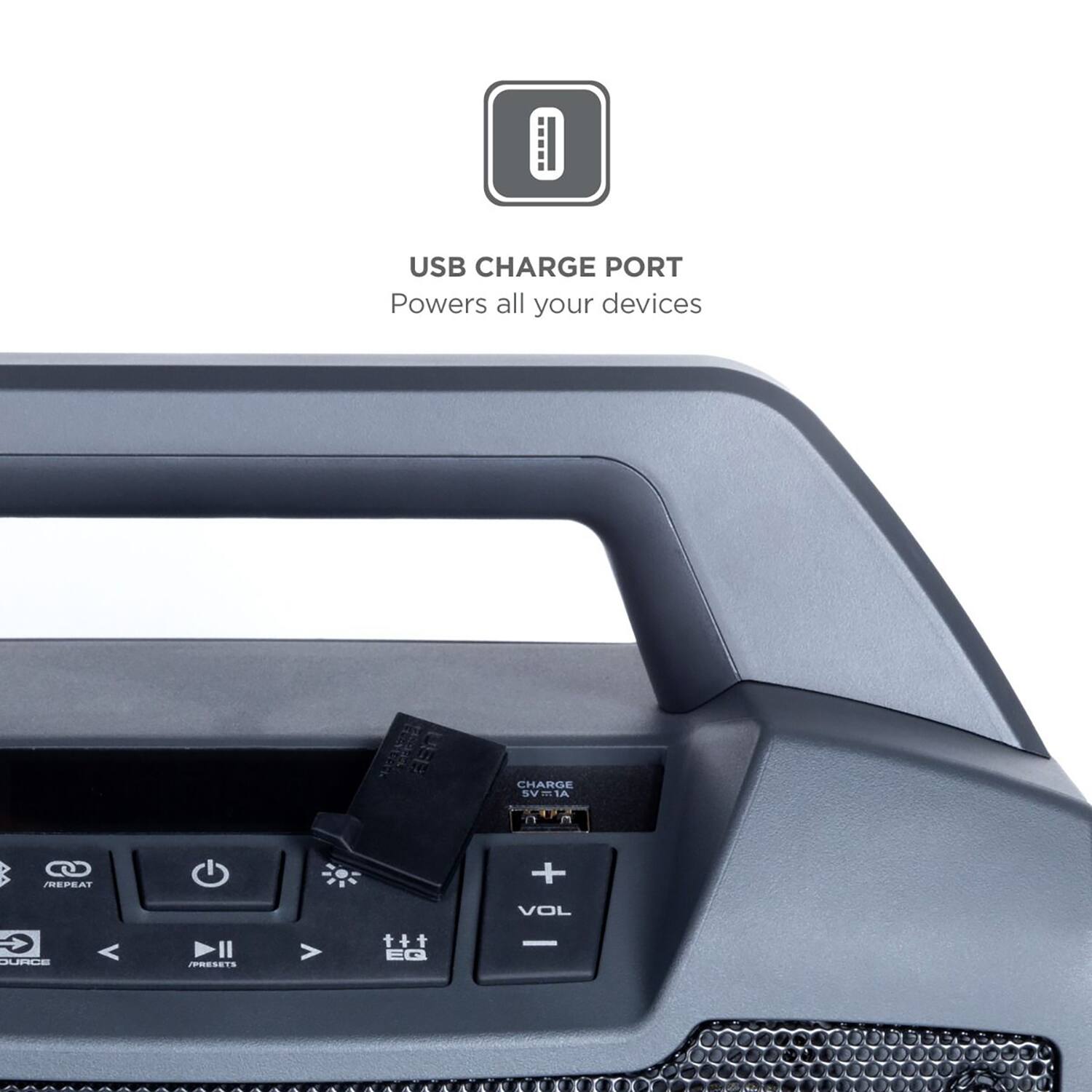 USB CHARGE PORT  
Powers all your devices  

CHARGE  
SVm1A  

REPEAT  
VOL  
SOURCE  
PRESETS  
EQ  

USB CHARGE PORT  
Powers all your devices