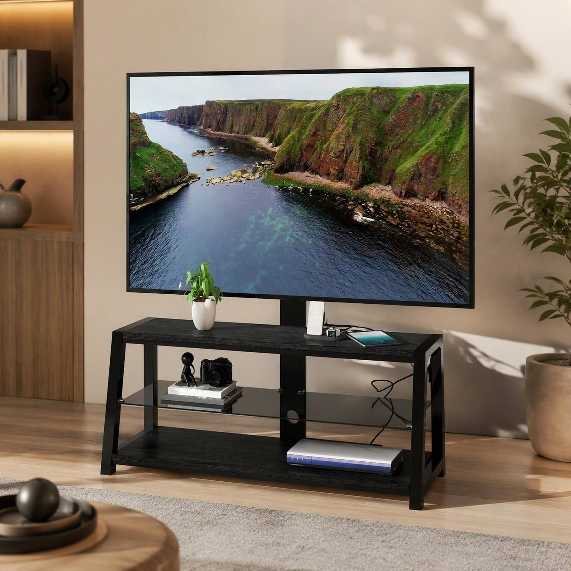 Front. RYHNUYNE - Wooden Storage TV Stand, Black Tempered Glass Height Adjustable Swivel Entertainment Center - Black.