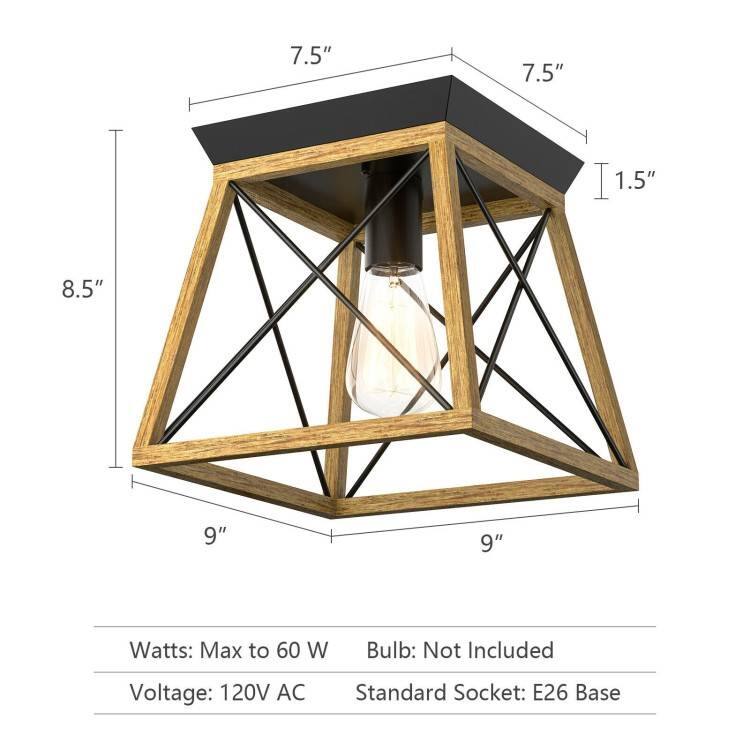 7.5"  
7.5"  
1.5"  
8.5"  
9"  
9"  

Watts: Max to 60 W  
Bulb: Not Included  
Voltage: 120V AC  
Standard Socket: E26 Base