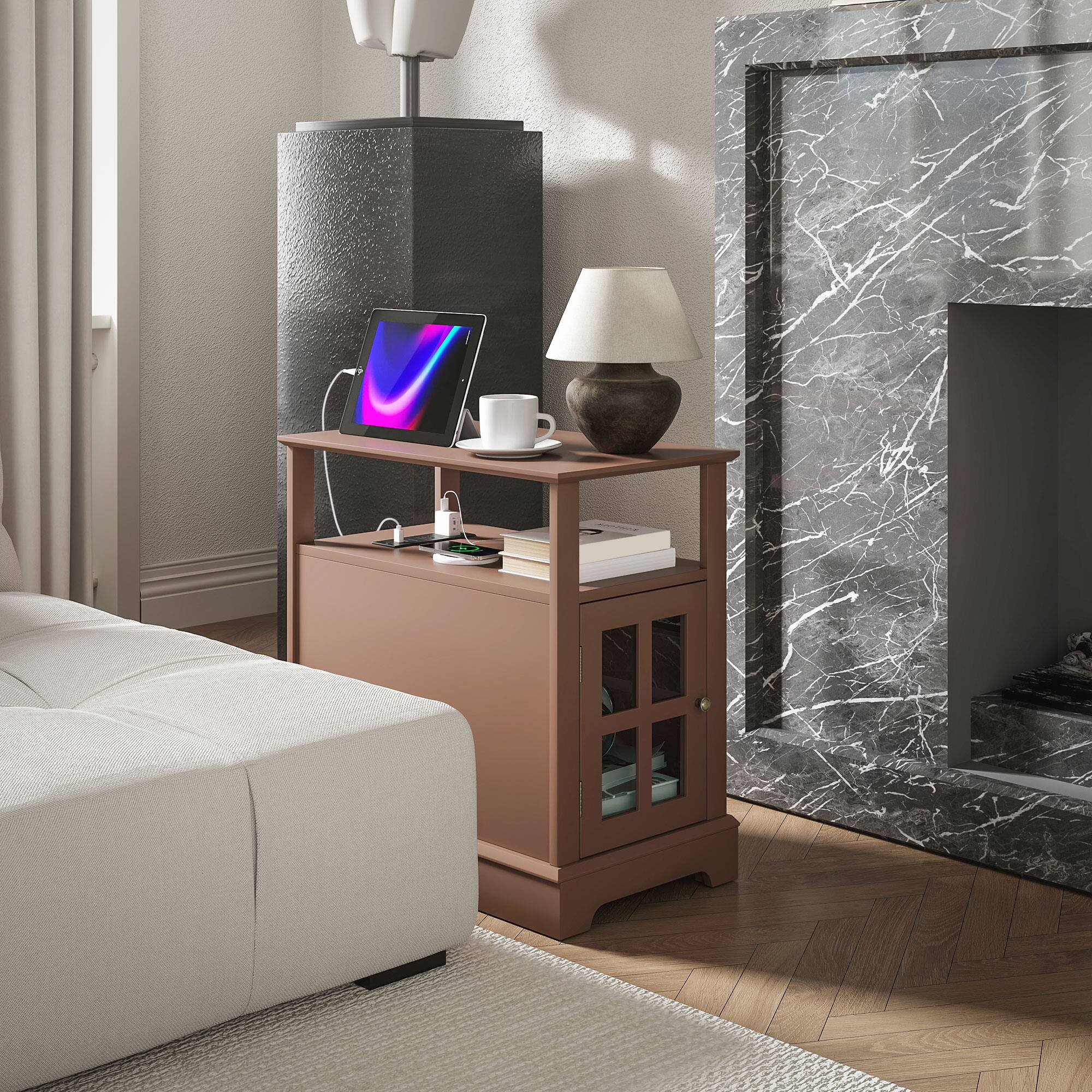 Alt View 7. Homcom - End Table w/ Charging Station, USB Ports & Outlets, Hidden Storage & Open Shelf - Brown.