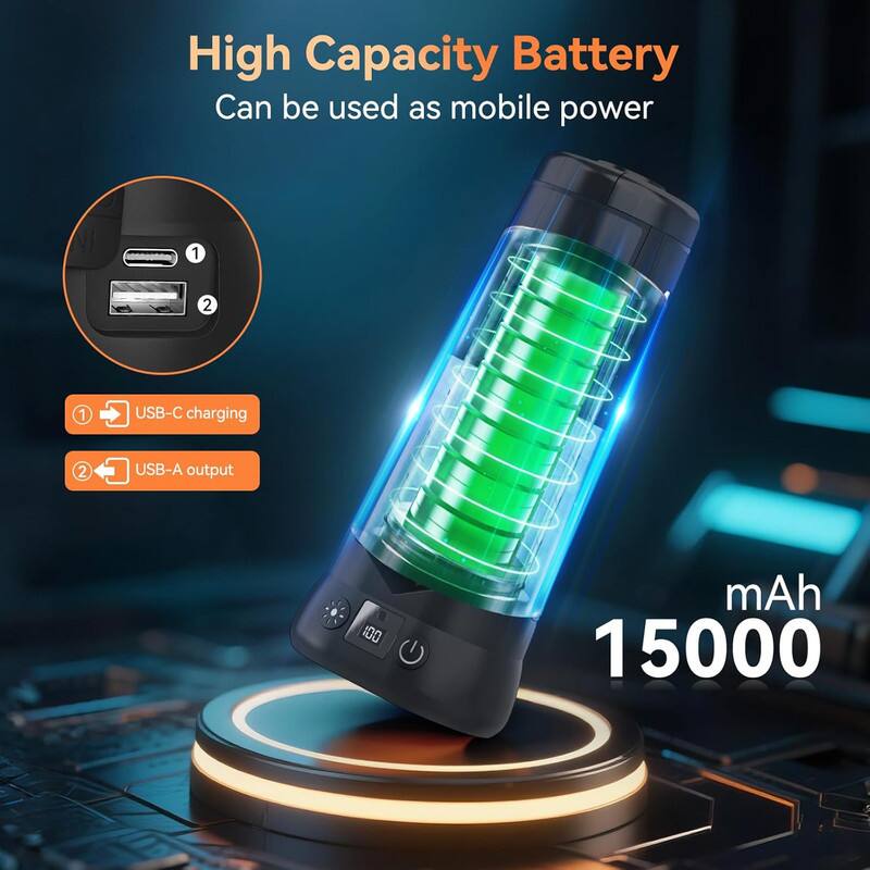 High Capacity Battery  
Can be used as mobile power  

1. USB-C charging  
2. USB-A output  

100 mAh  
15000