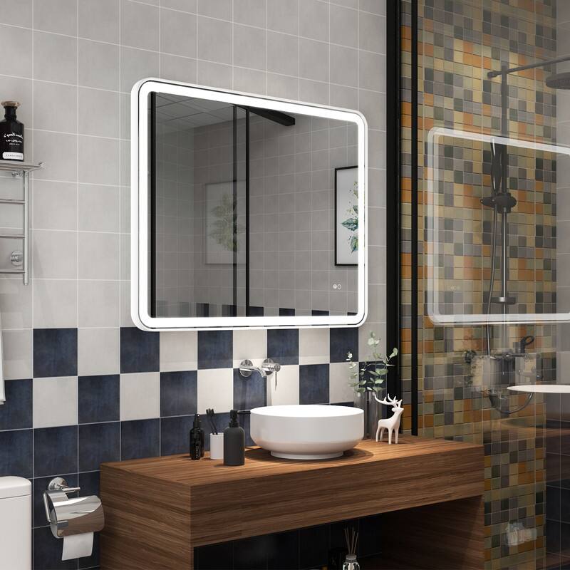 Angle. WELLFOR - 40" x 32"Anti-Fog LED Bathroom Mirror, Wall Bathroom Vanity Mirror with Framed Round Corner - White.