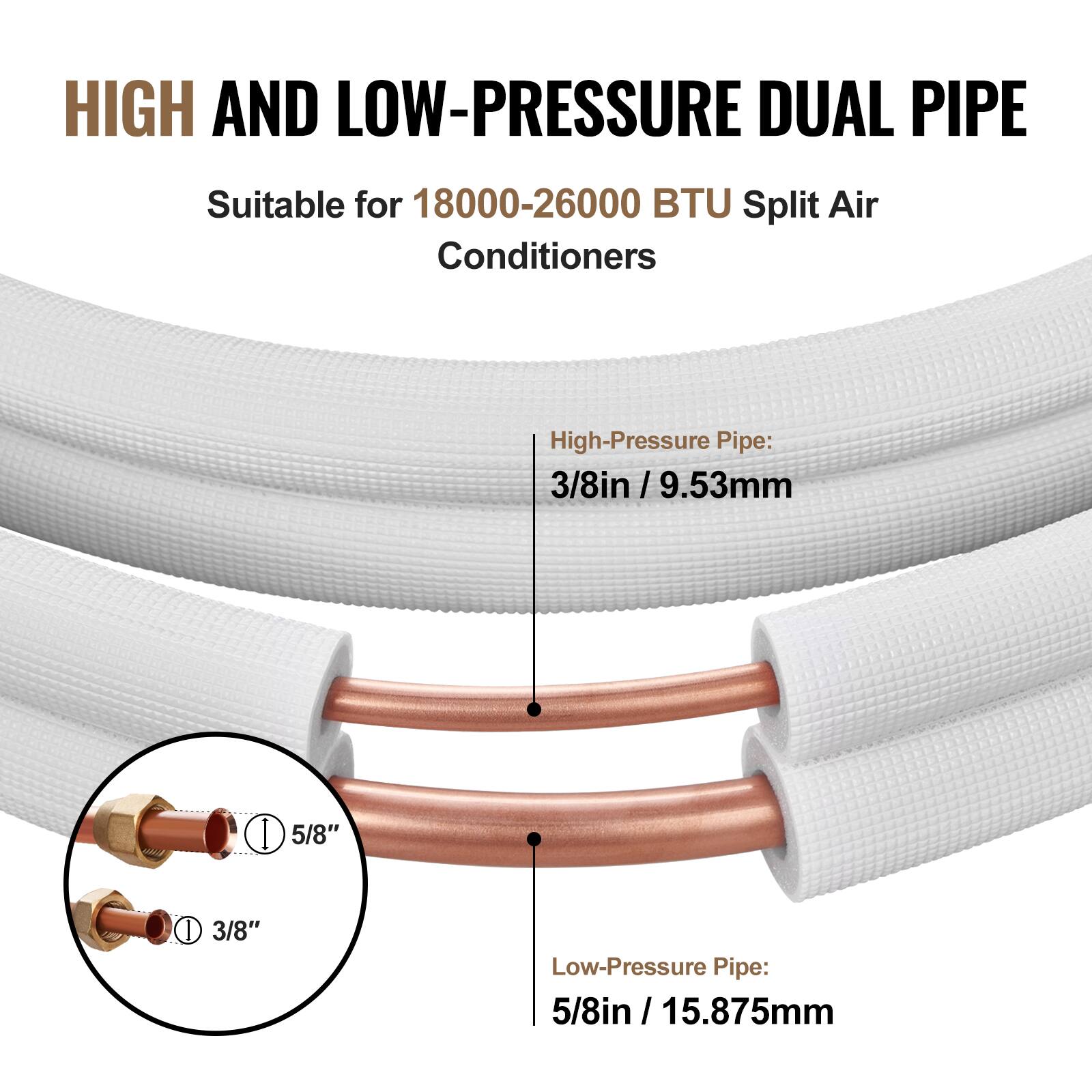 HIGH AND LOW-PRESSURE DUAL PIPE  
Suitable for 18000-26000 BTU Split Air Conditioners  

High-Pressure Pipe:  
3/8in / 9.53mm  

Low-Pressure Pipe:  
5/8in / 15.875mm