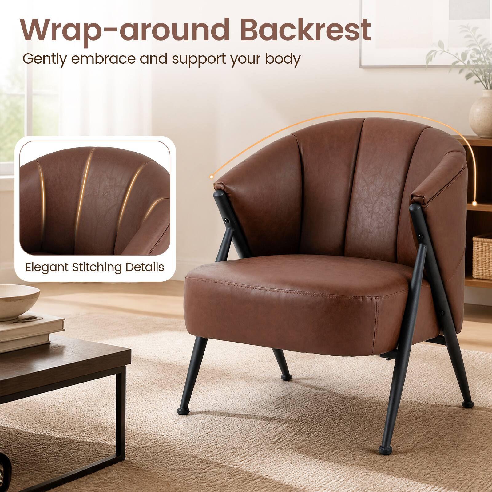 Wrap-around Backrest  
Gently embrace and support your body  
Elegant Stitching Details
