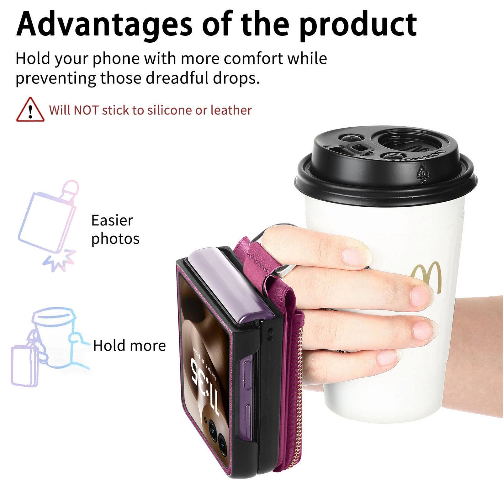 Advantages of the product

Hold your phone with more comfort while preventing those dreadful drops.

Will NOT stick to silicone or leather

Easier photos

Hold more