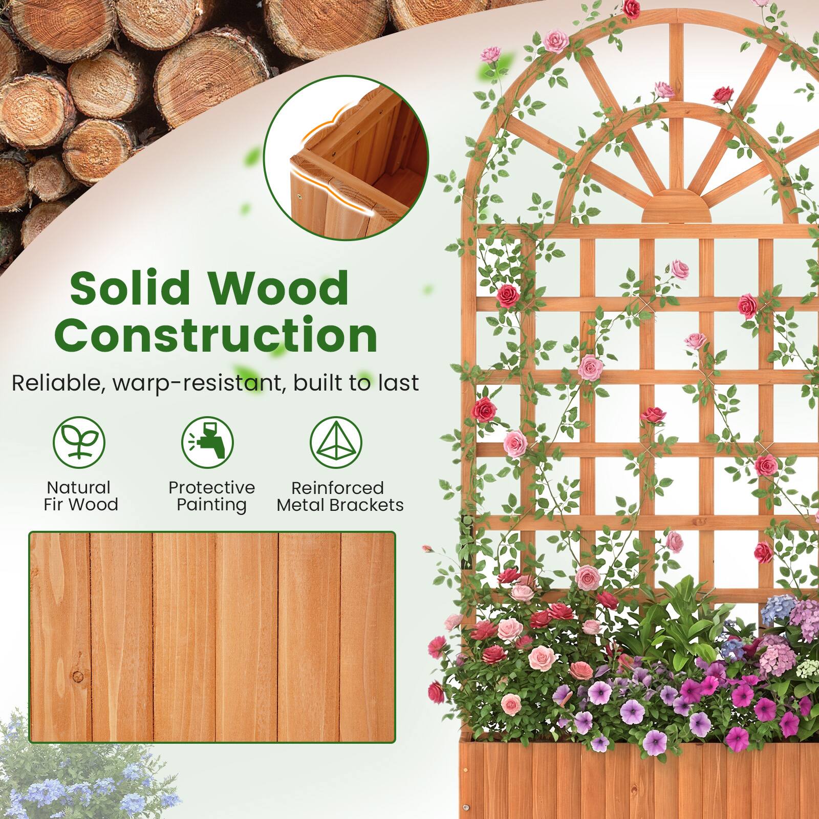 Solid Wood Construction  
Reliable, warp-resistant, built to last  

Natural Fir Wood  
Protective Painting  
Reinforced Metal Brackets