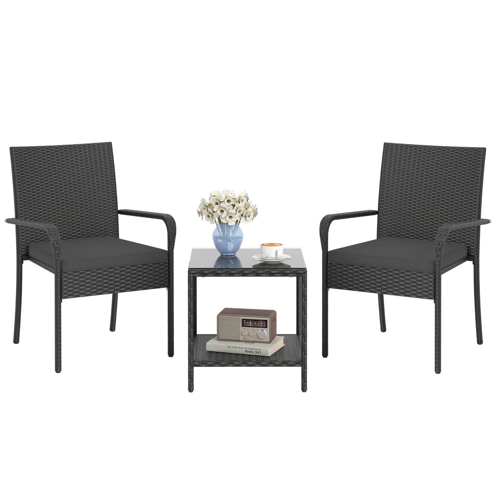 Alt View 8. Gymax - Gymax 3 Piece Patio Furniture Set Outdoor Wicker Chair & Table Set w/ Seat Cushions Black - Black.