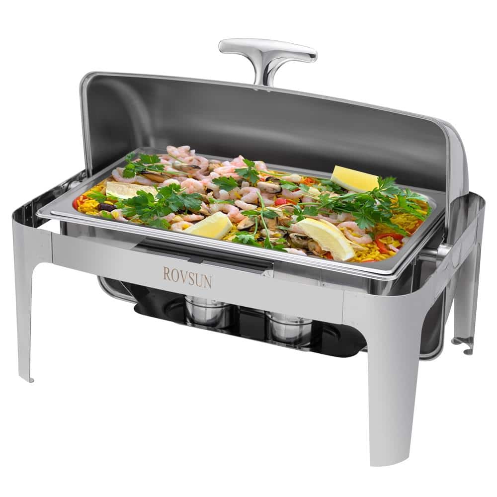 Winado - 9 Quart Stainless Steel Roll Top Chafing Dish w/ Water Pan, Food Pan, 2 Fuel Burners for Hotel Breakfast Buffet, Banquet - Silver